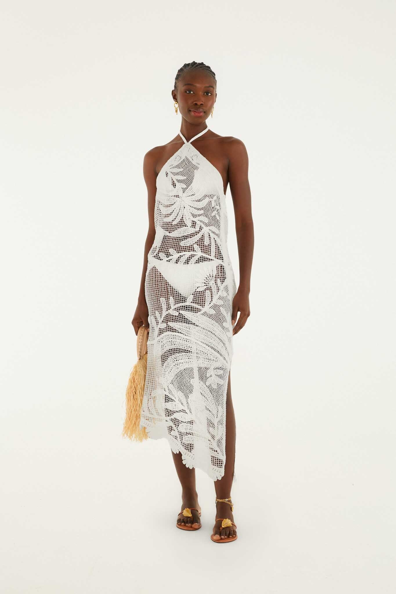 FARM Rio model wearing the White Crochet Halter Neck Sheer Midi Dress