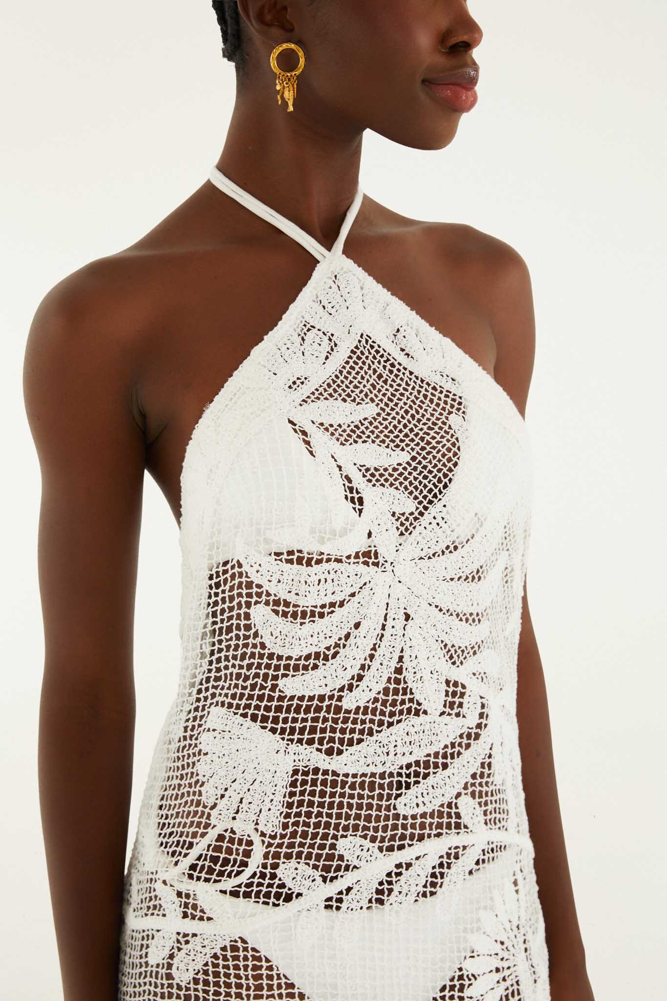 FARM Rio model wearing the White Crochet Halter Neck Sheer Midi Dress