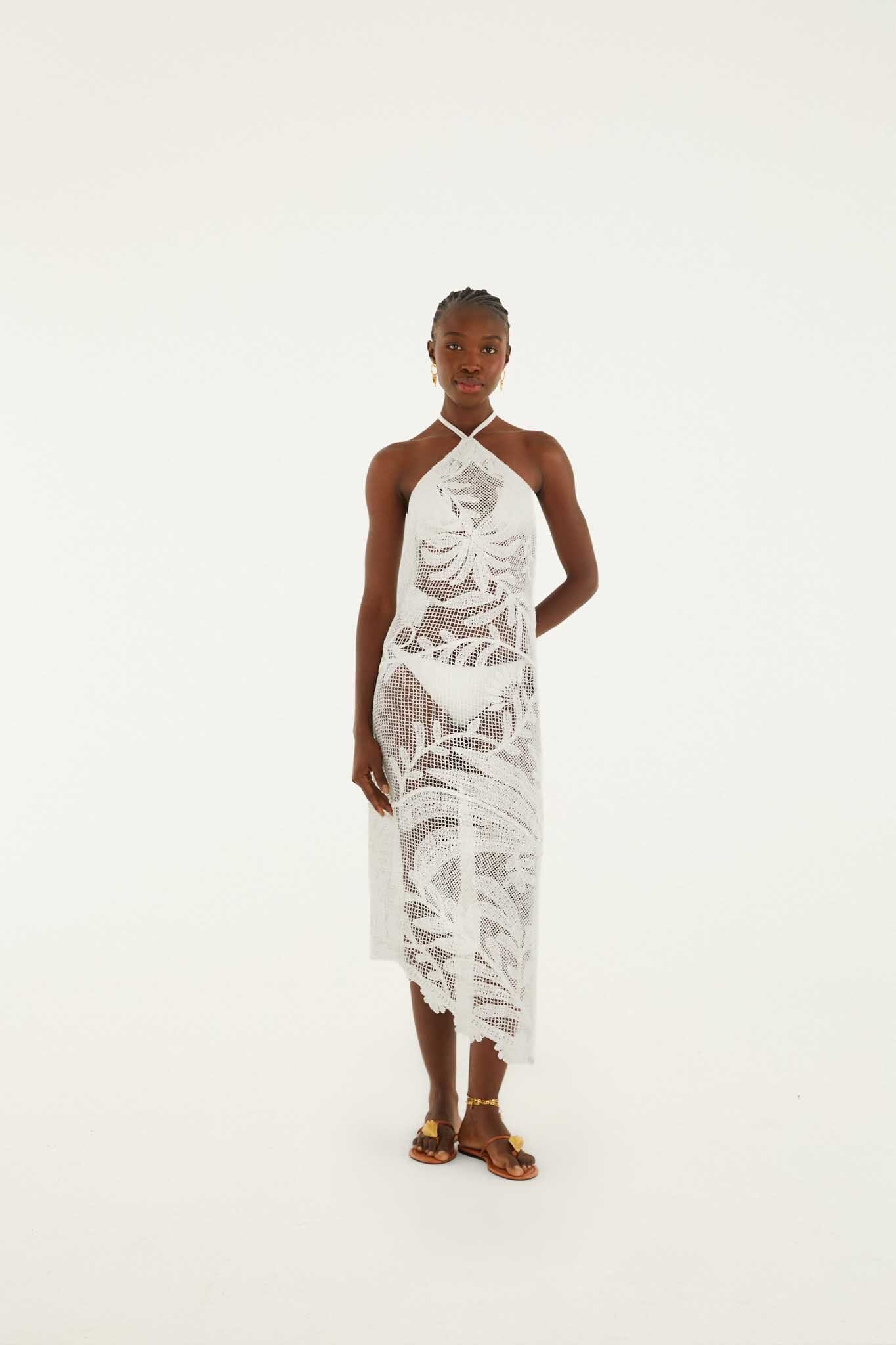 White Crochet Halter Neck Sheer Midi Dress | FARM Rio