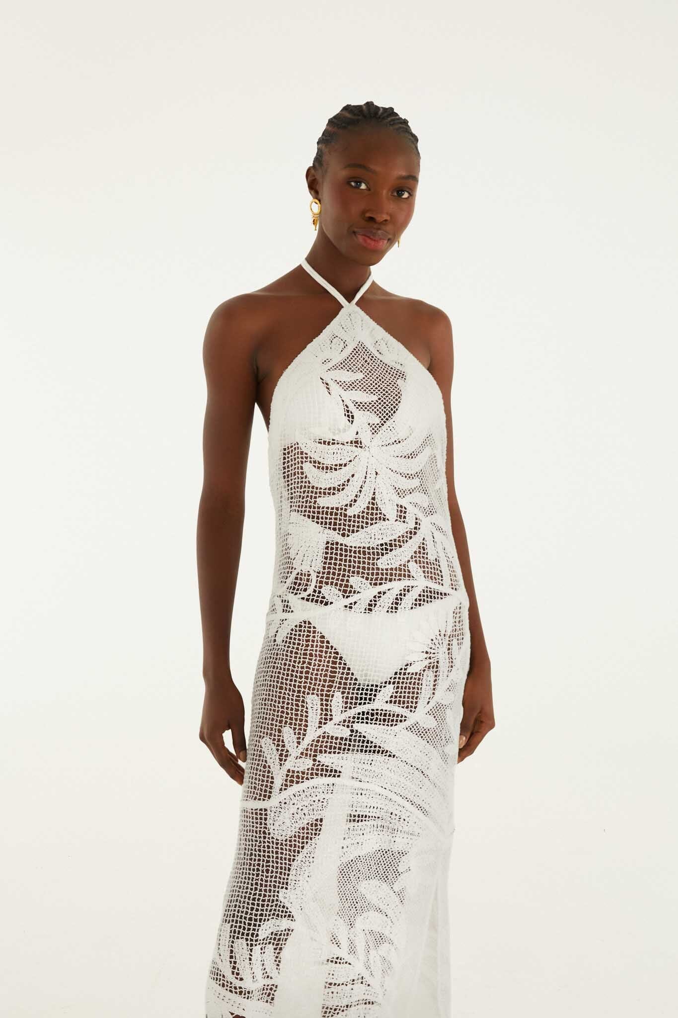 FARM Rio model wearing the White Crochet Halter Neck Sheer Midi Dress