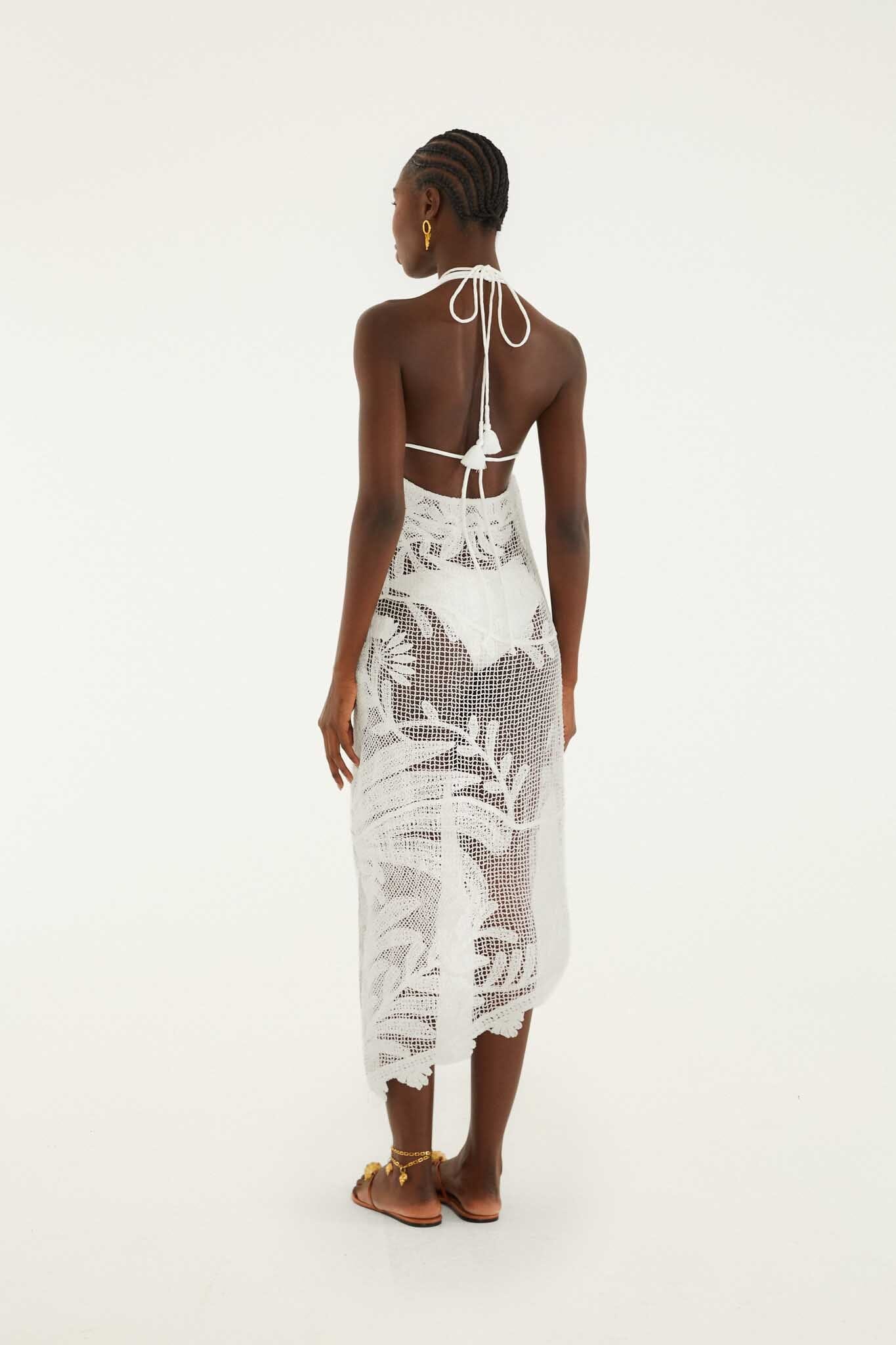 FARM Rio model wearing the White Crochet Halter Neck Sheer Midi Dress