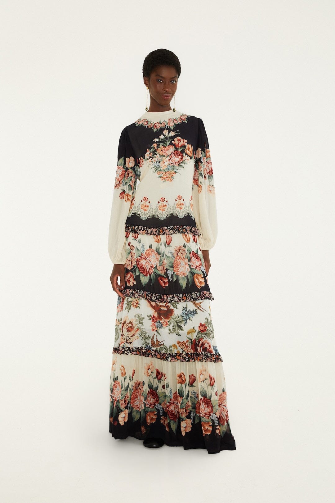 FARM Rio model wearing the Winter Floral Long Sleeve Maxi Dress