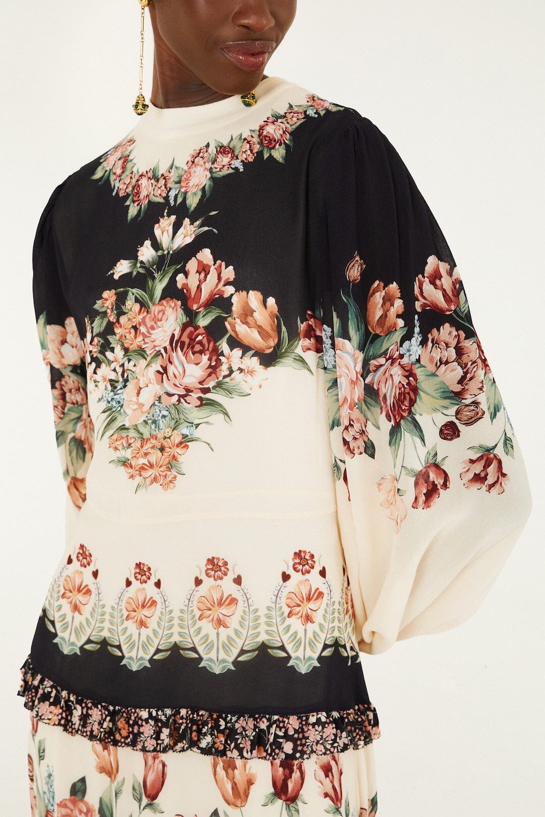 FARM Rio model wearing the Winter Floral Long Sleeve Maxi Dress