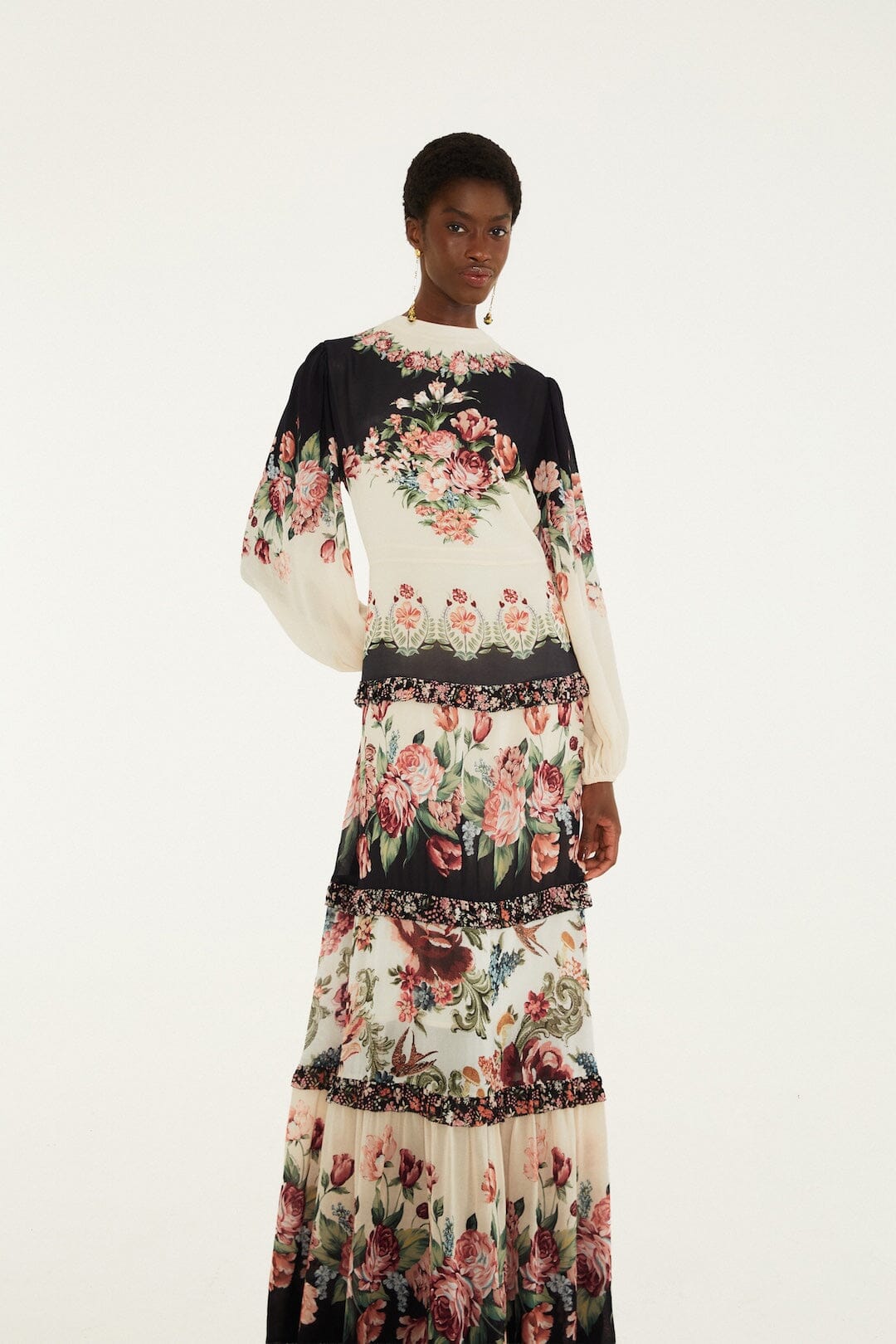 FARM Rio model wearing the Winter Floral Long Sleeve Maxi Dress
