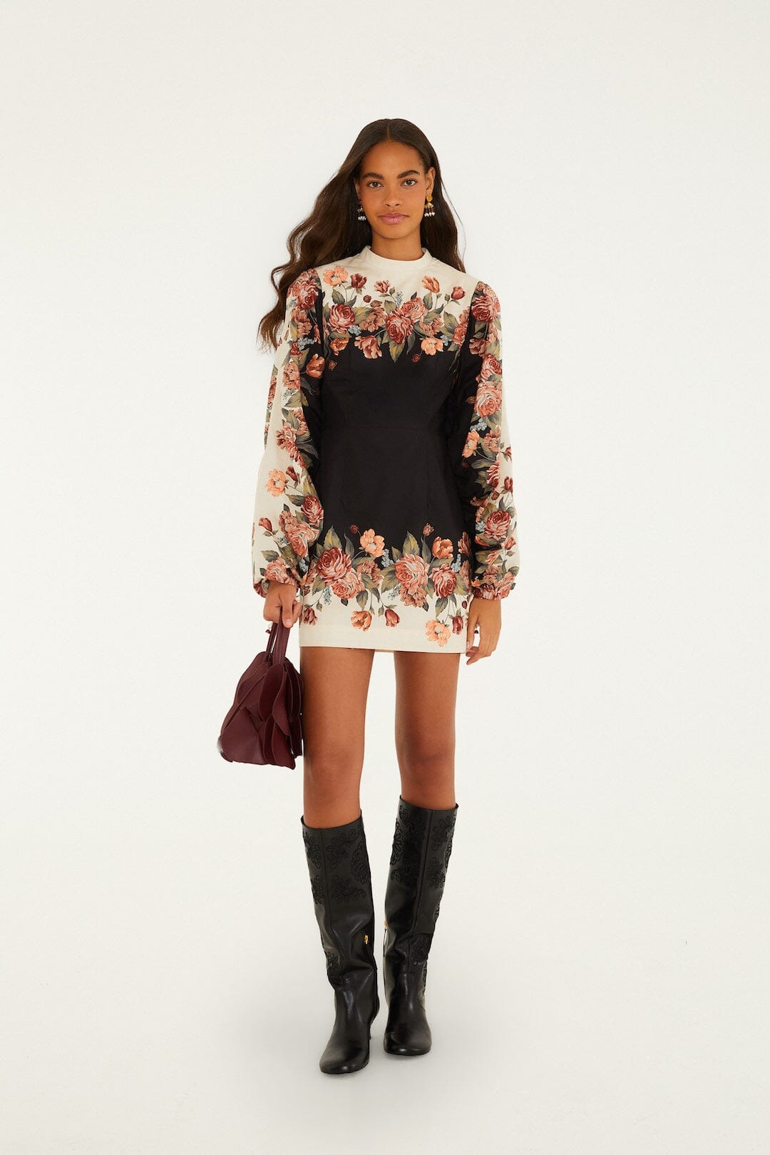 FARM Rio model wearing the Winter Floral Long Sleeve Mini Dress