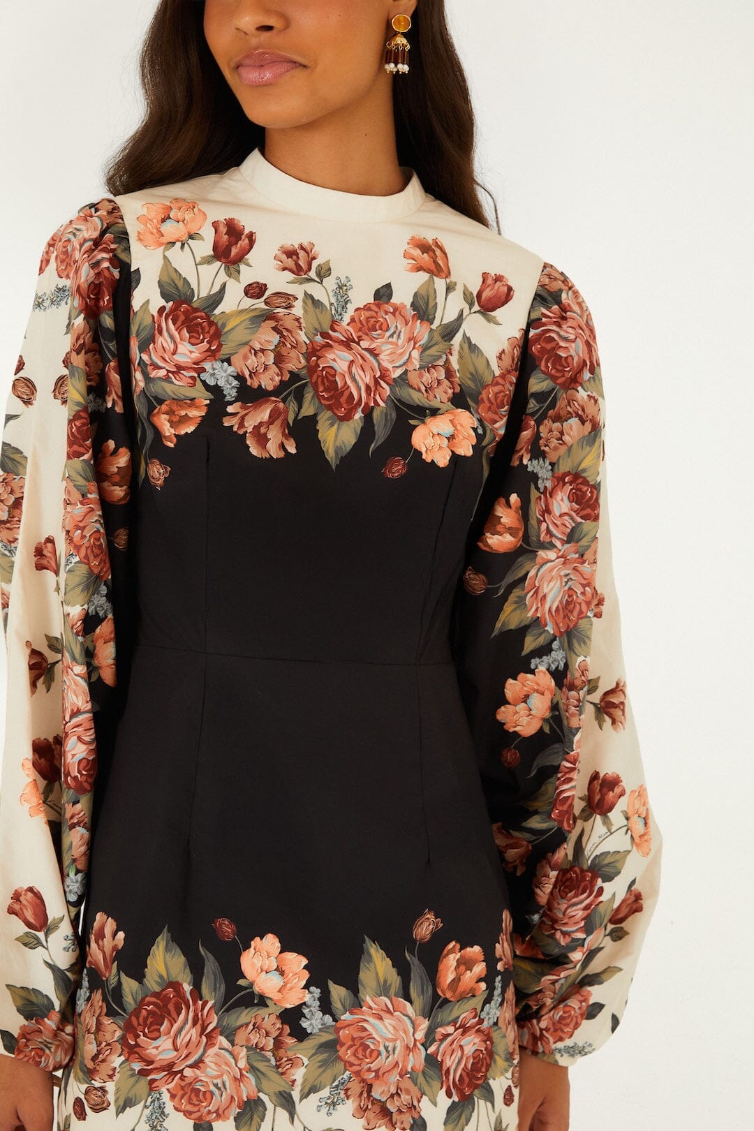 FARM Rio model wearing the Winter Floral Long Sleeve Mini Dress