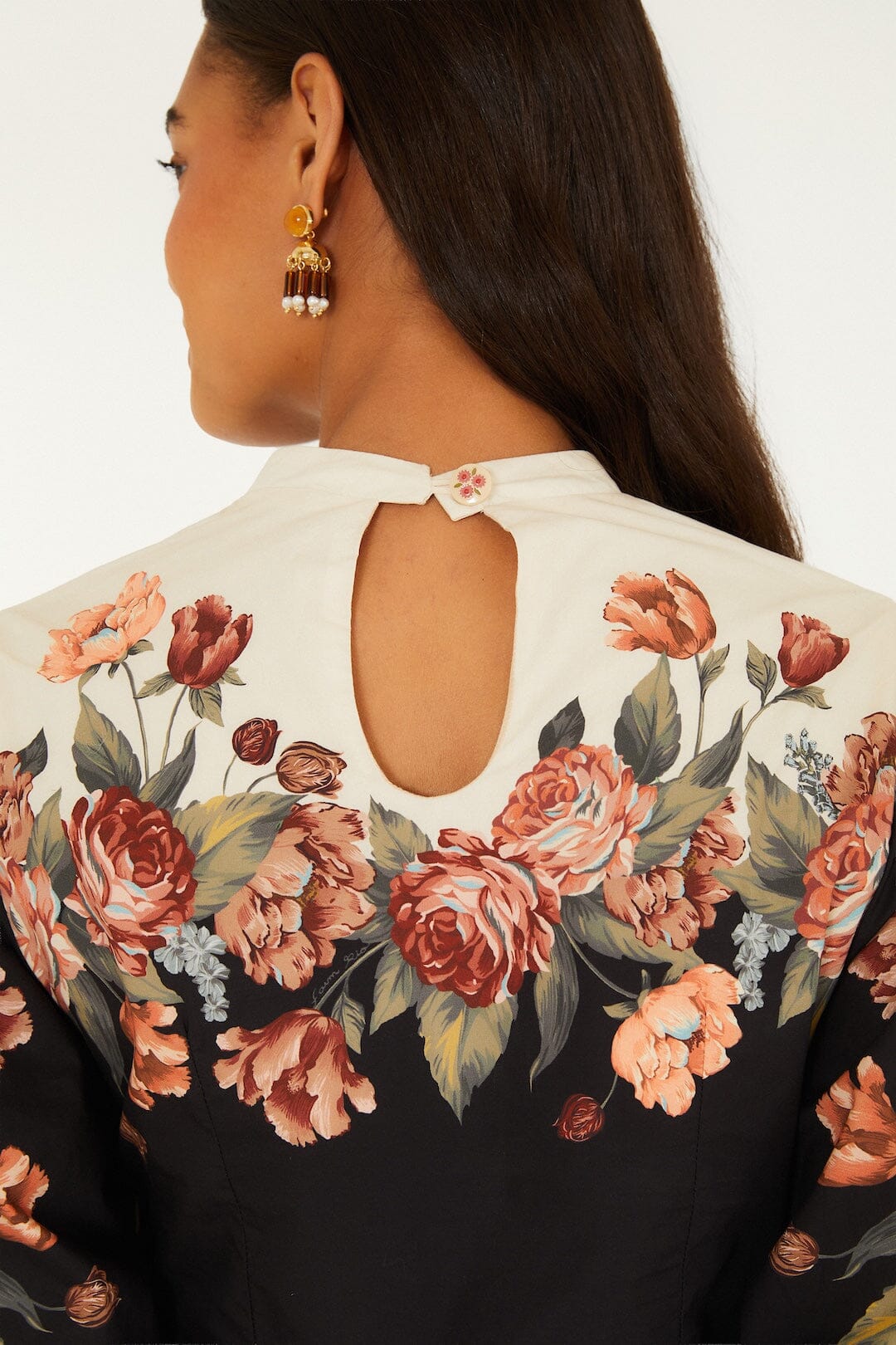 FARM Rio model wearing the Winter Floral Long Sleeve Mini Dress