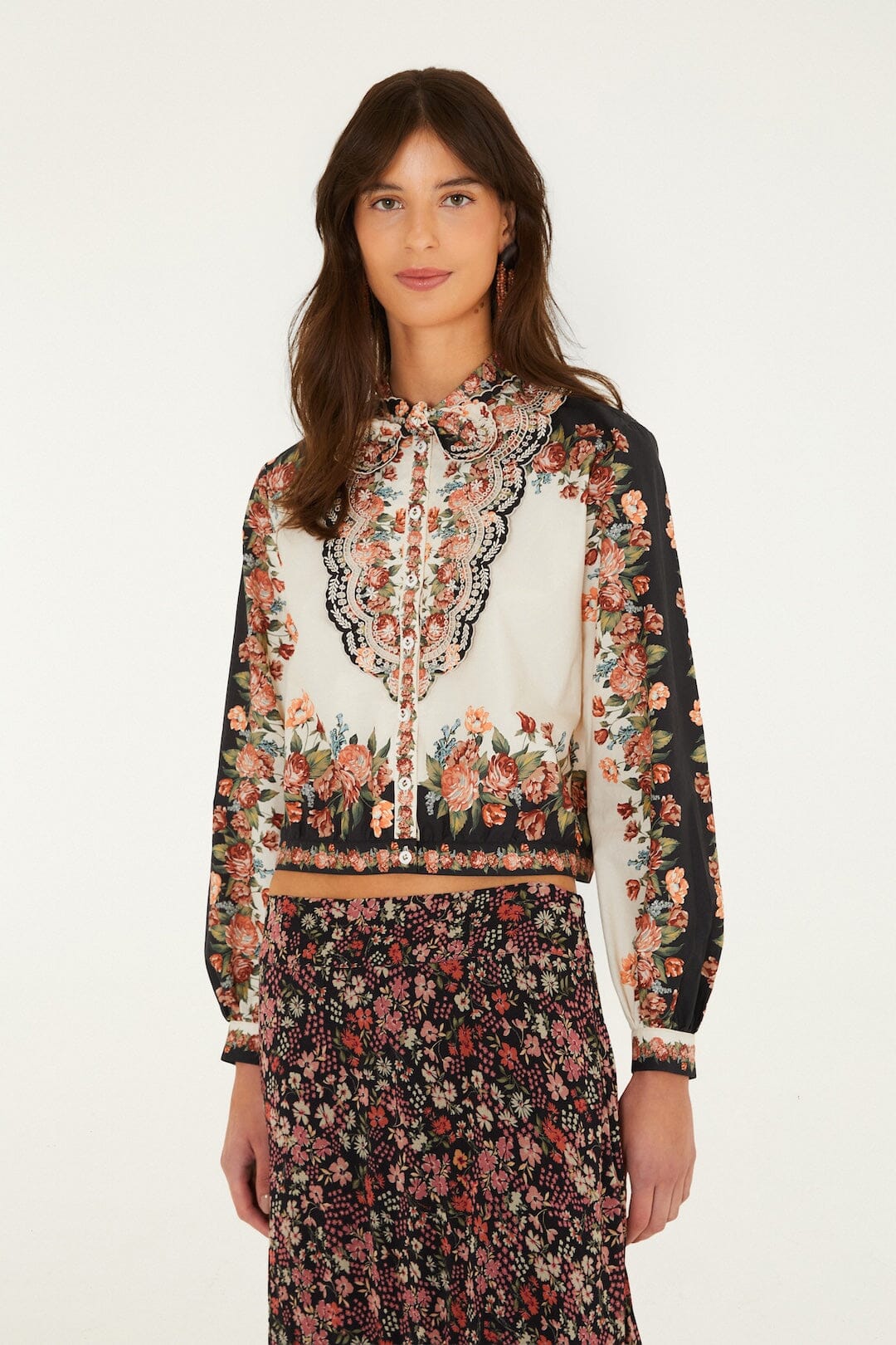 FARM Rio model wearing the Winter Floral Long Sleeve Shirt