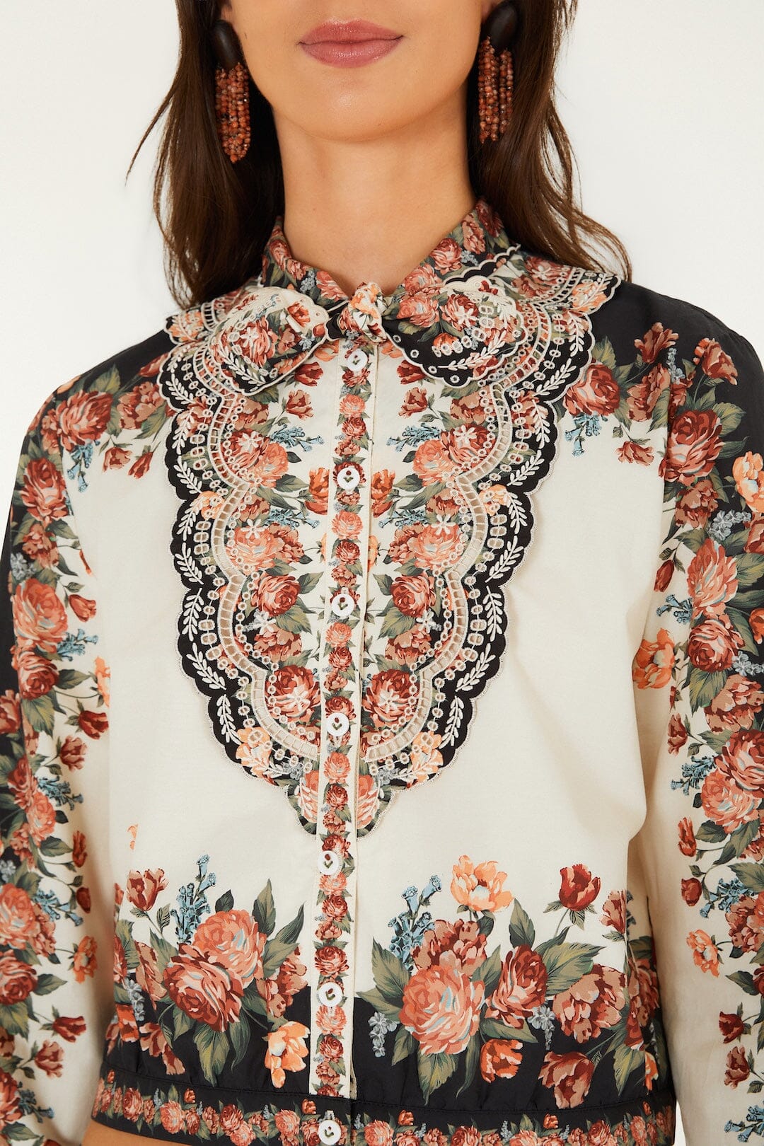FARM Rio model wearing the Winter Floral Long Sleeve Shirt