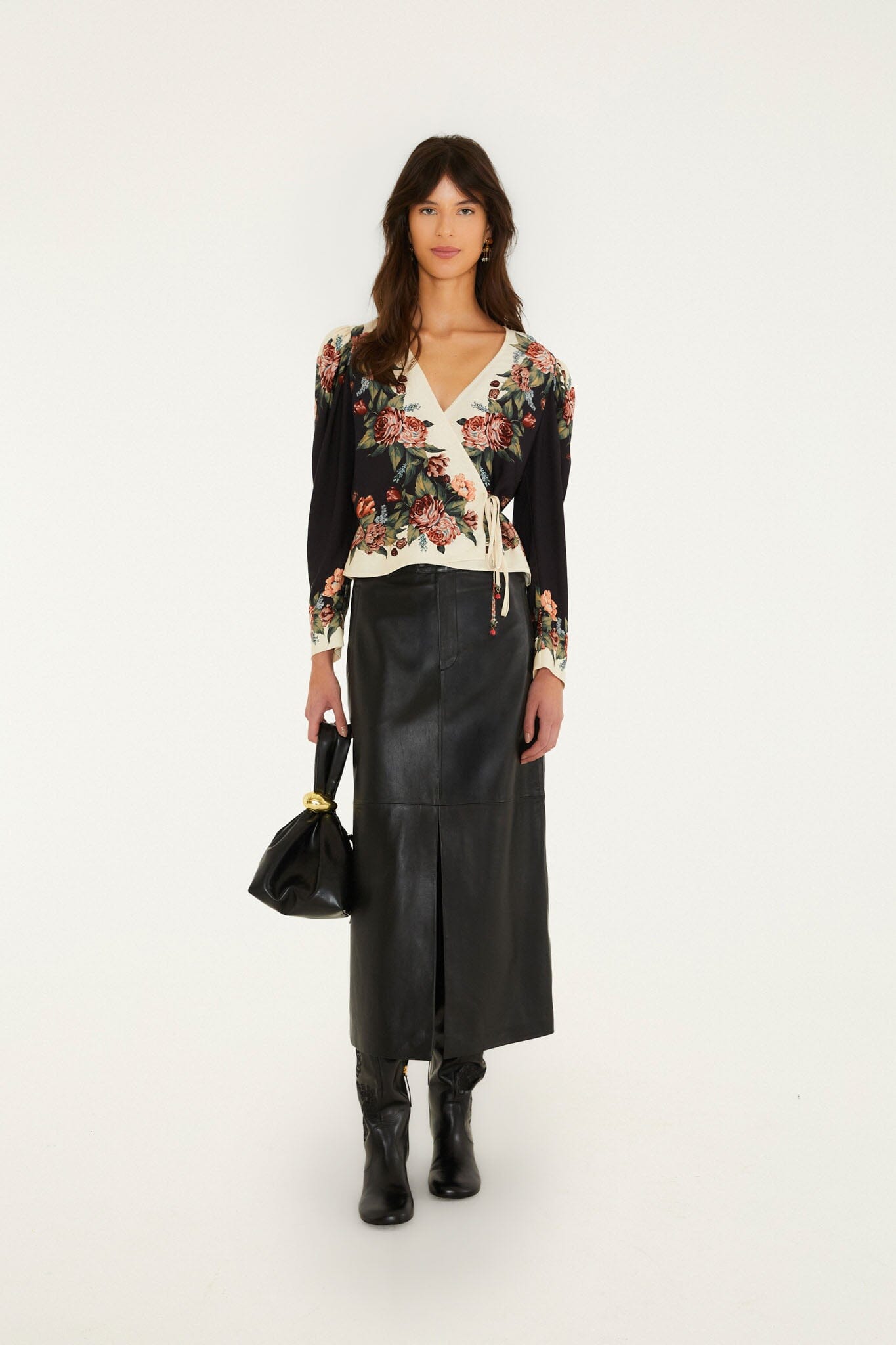 FARM Rio model wearing the Winter Floral Long Sleeve Wrap Blouse