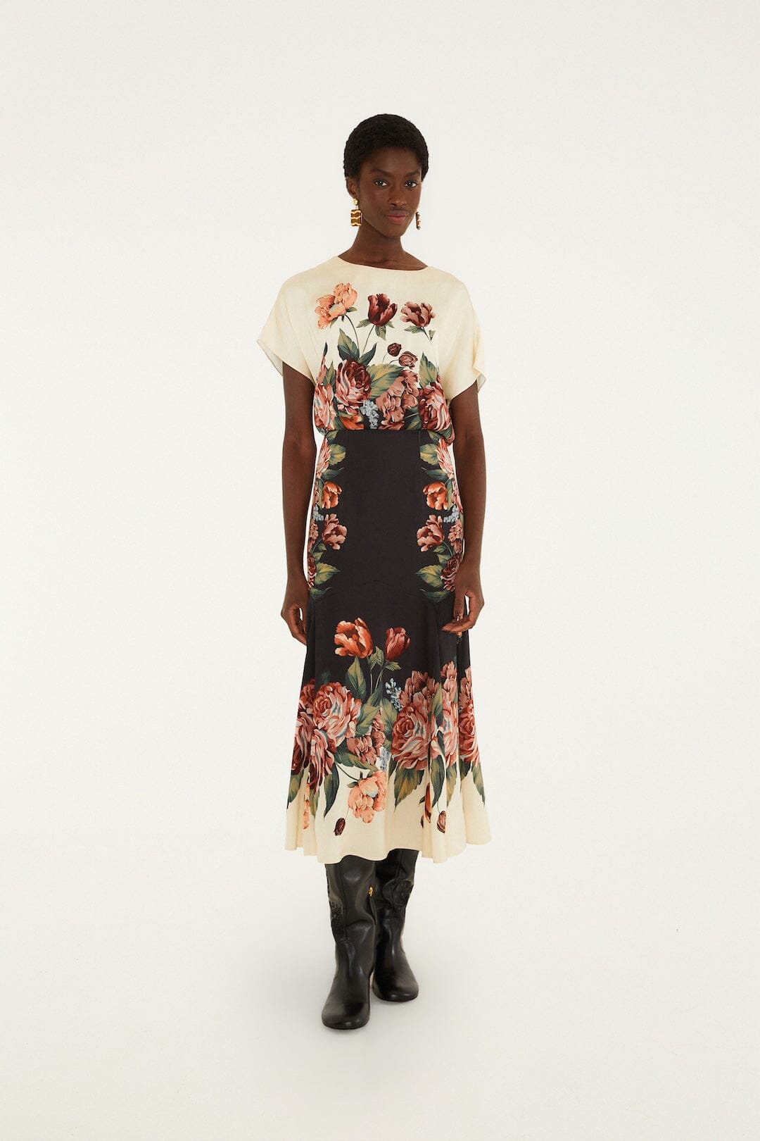 FARM Rio model wearing the Winter Floral Short Sleeve Maxi Dress
