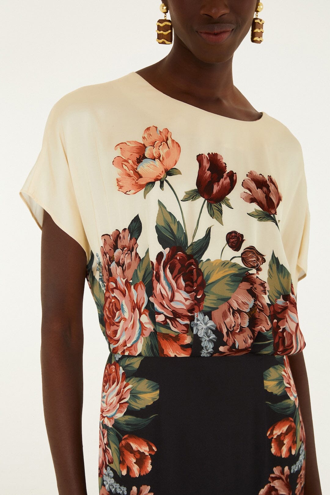 FARM Rio model wearing the Winter Floral Short Sleeve Maxi Dress