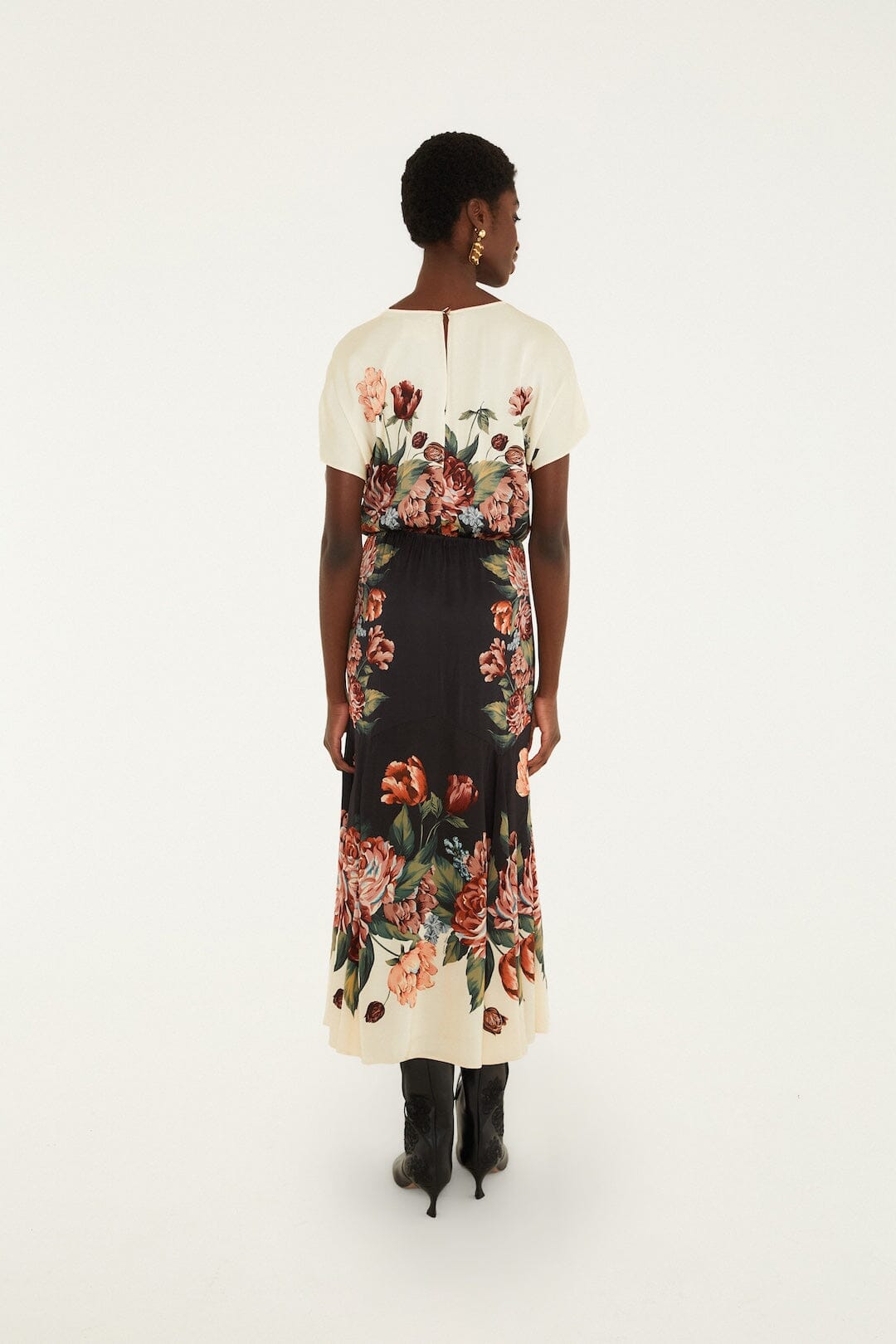 FARM Rio model wearing the Winter Floral Short Sleeve Maxi Dress