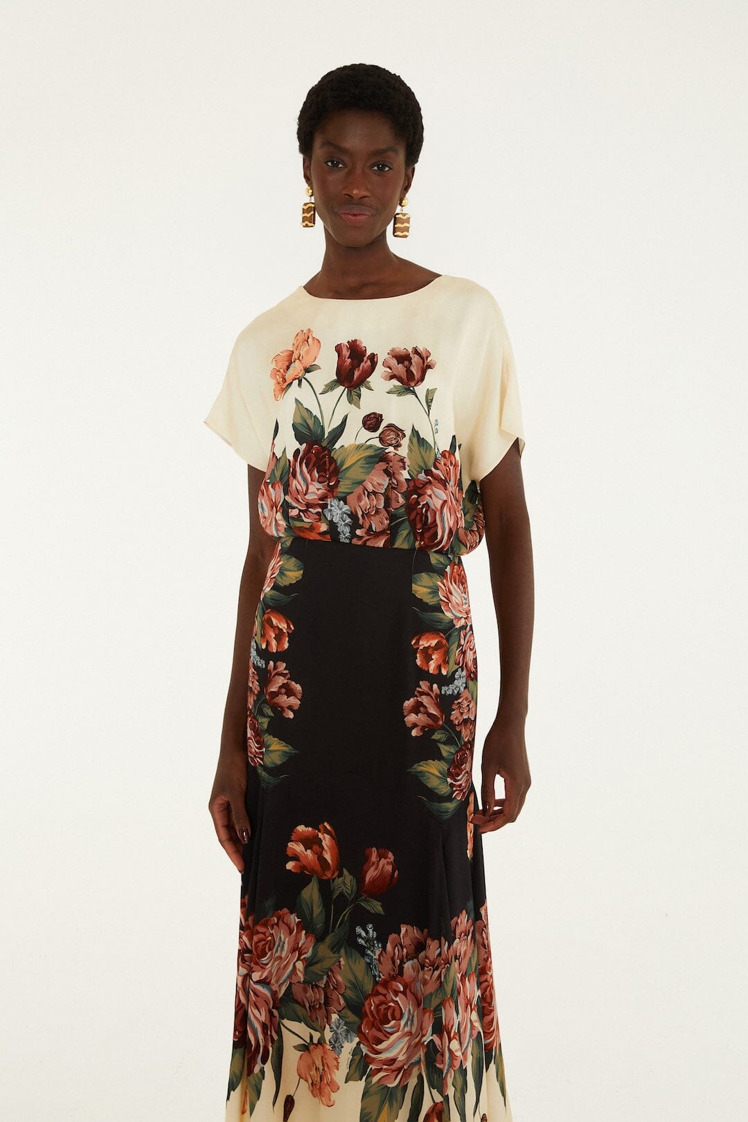 FARM Rio model wearing the Winter Floral Short Sleeve Maxi Dress