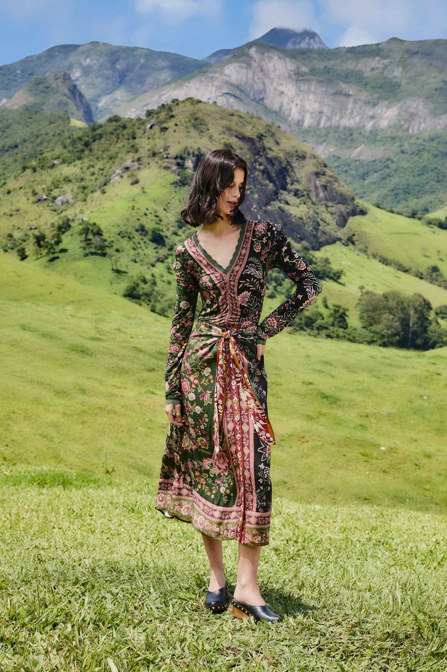 FARM Rio model wearing the Winter Garden Mix Midi Skirt