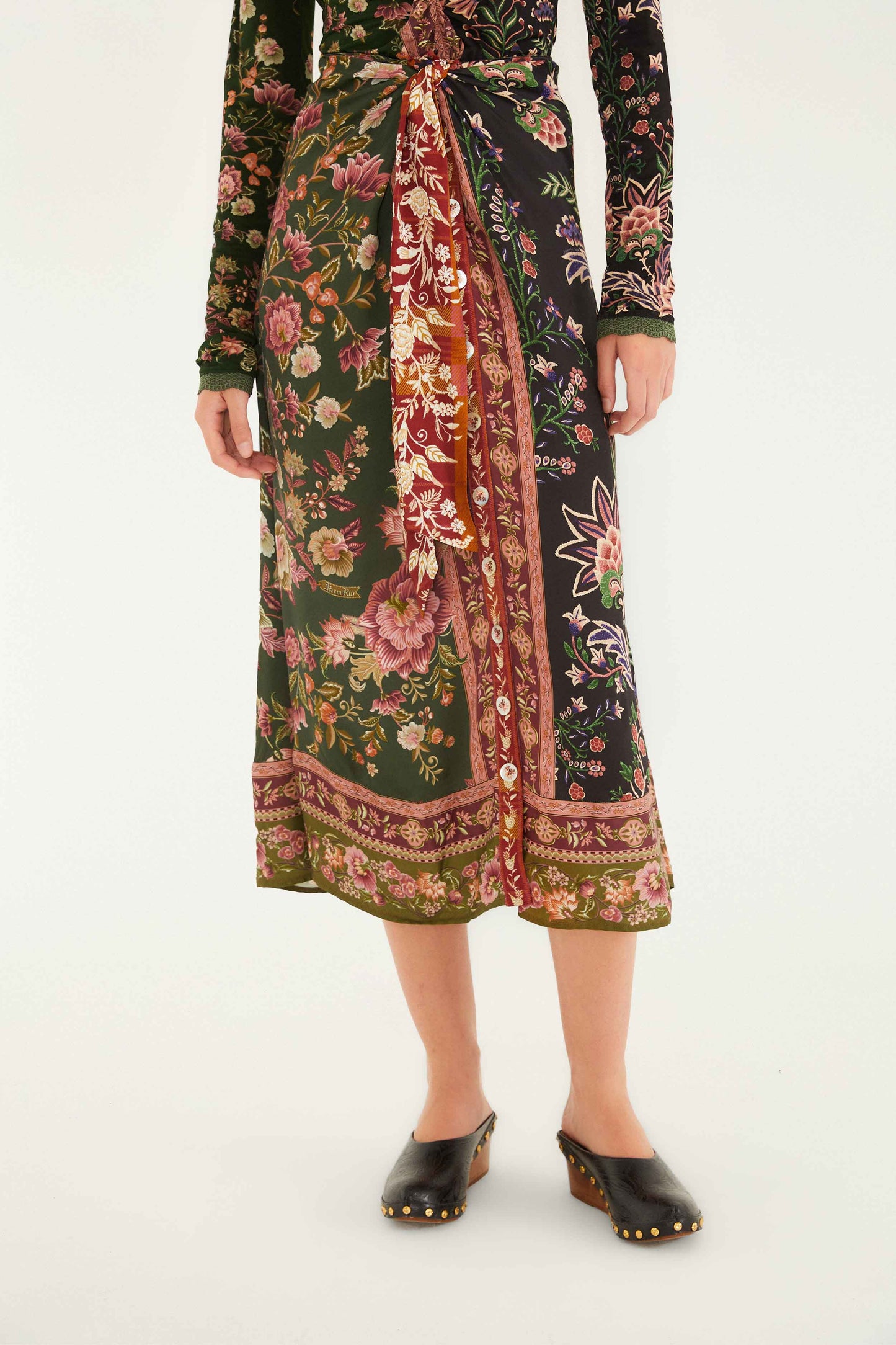 FARM Rio model wearing the Winter Garden Mix Midi Skirt