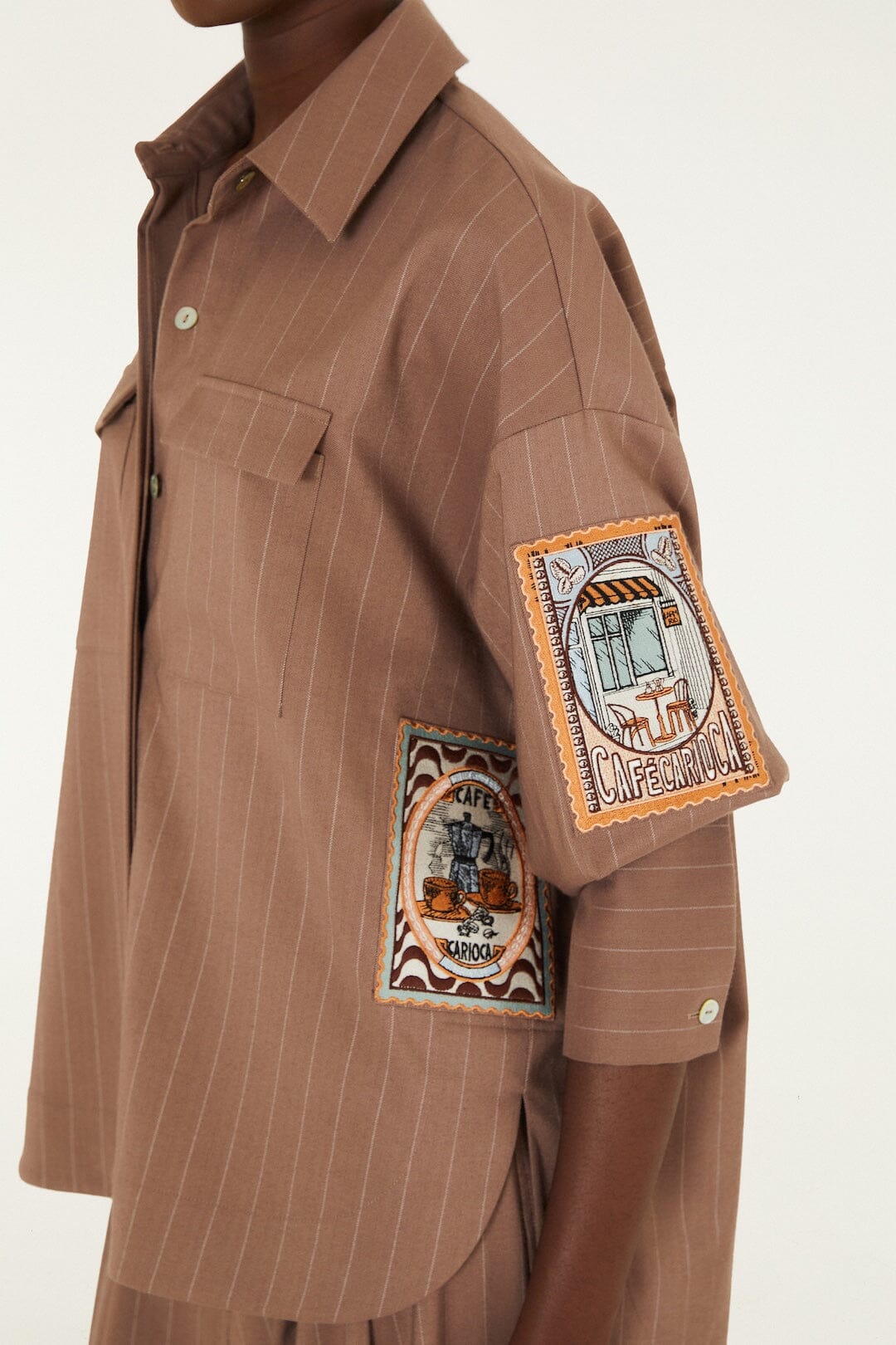 FARM Rio model wearing the Yarn Dyed Caramel Long Sleeve Shirt