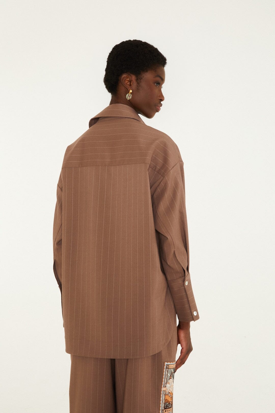 FARM Rio model wearing the Yarn Dyed Caramel Long Sleeve Shirt