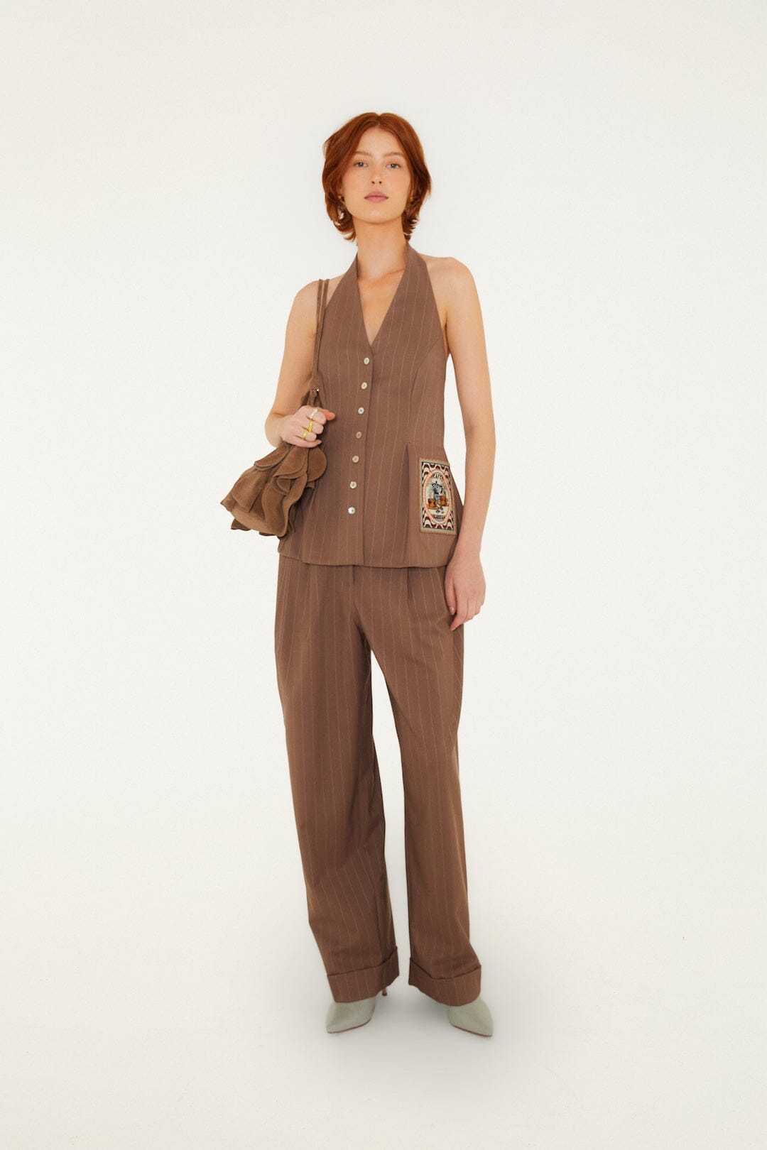 FARM Rio model wearing the Yarn Dyed Caramel Sleveless Vest