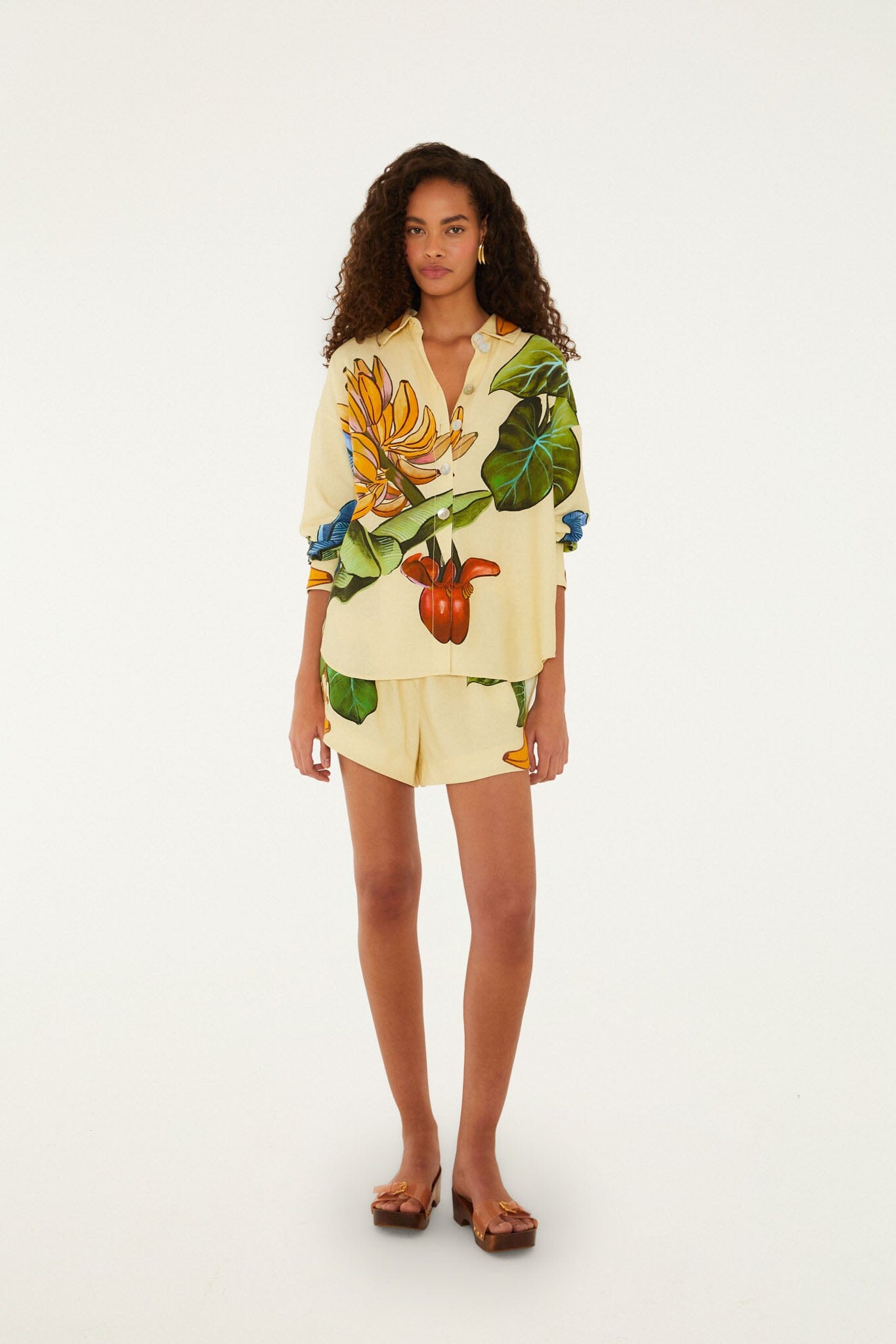 FARM Rio model wearing the Yellow Banana Grapes Drawstring Lenzing Ecovero Euroflax Shorts