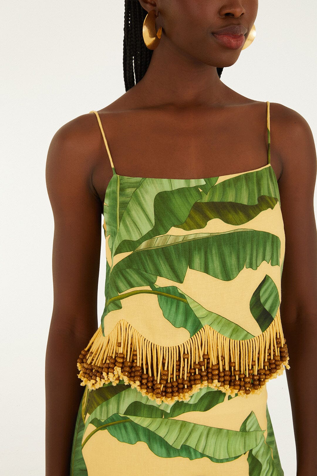 FARM Rio model wearing the Yellow Fruit Leaves Banana Beaded Fringes Sleeveless Top