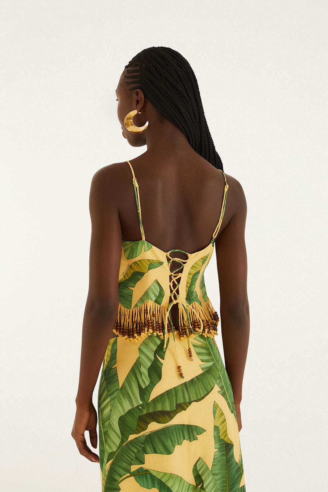 FARM Rio model wearing the Yellow Fruit Leaves Banana Beaded Fringes Sleeveless Top