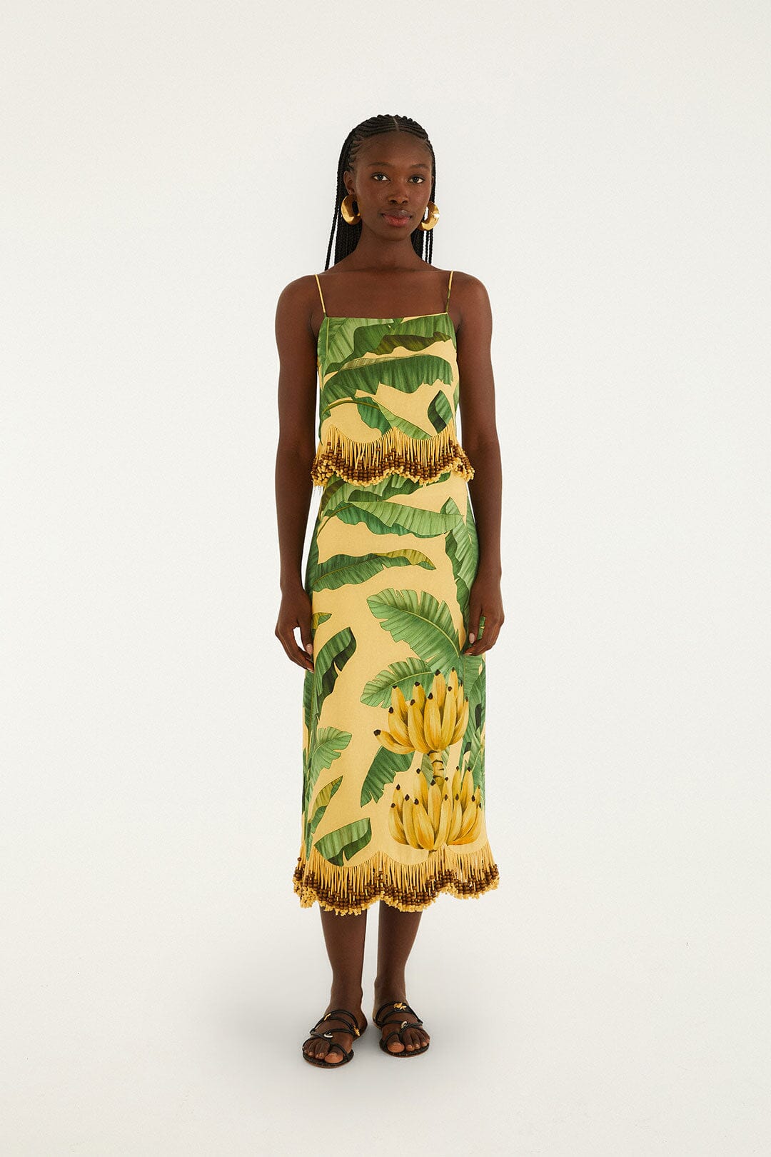 Yellow Fruit Leaves Banana Beaded Fringes Sleeveless Top | FARM Rio