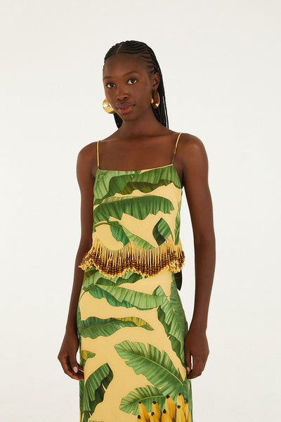 Yellow Fruit Leaves Banana Beaded Fringes Sleeveless Top | FARM Rio Yellow Fruit Leaves Banana Beaded Fringes Sleeveless Top | FARM Rio
