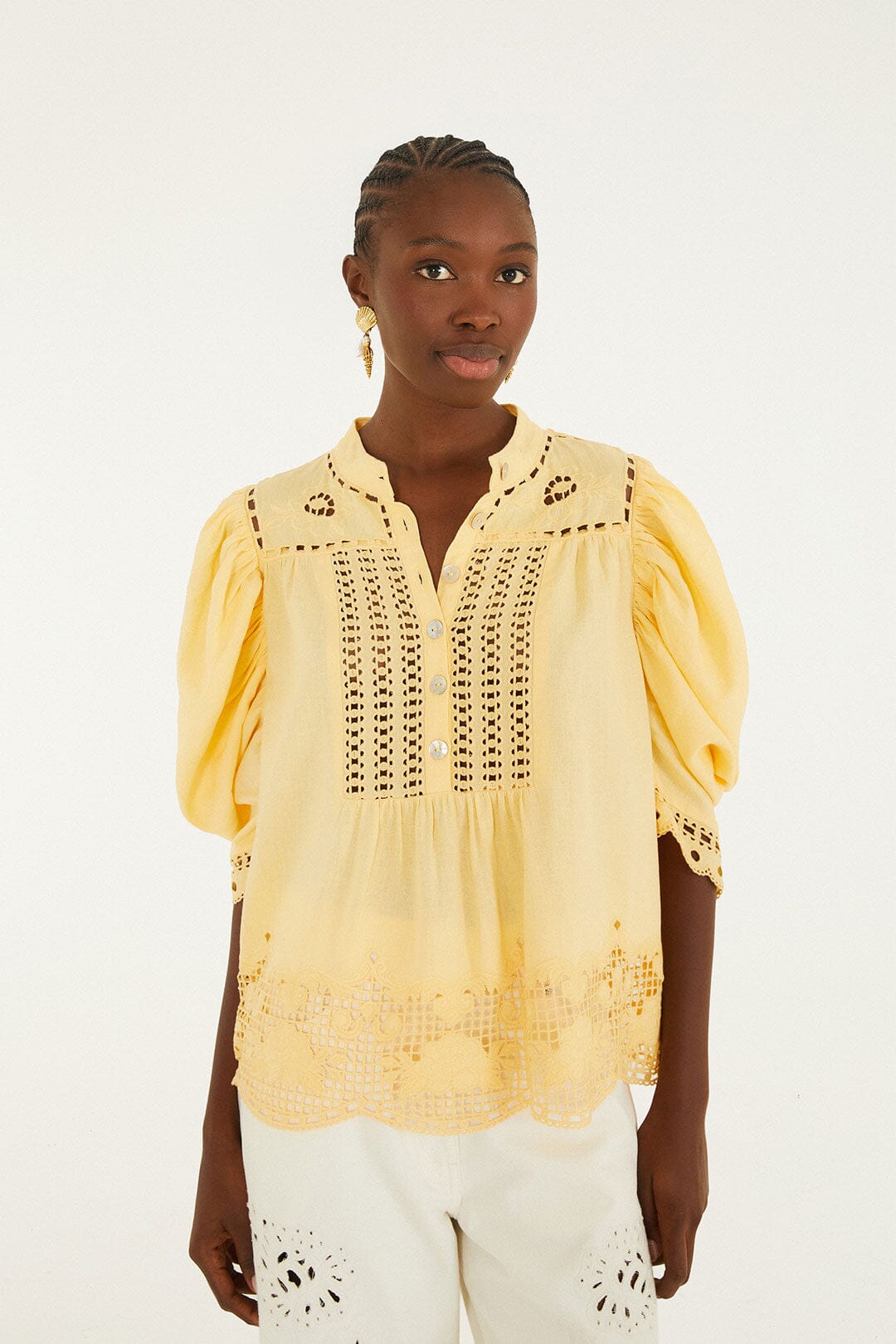 FARM Rio model wearing the Yellow Romantic Richelieu Short Sleeve Blouse