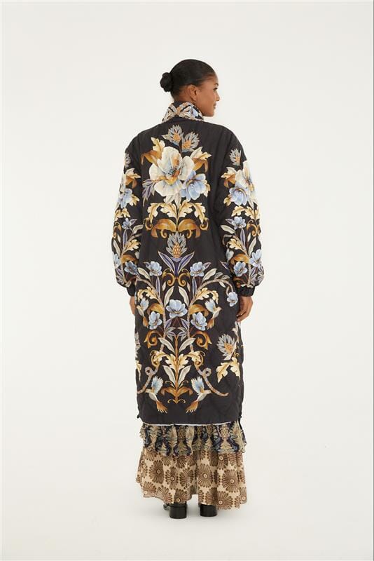 Black Flowerful Snake Garden Reversible Maxi Puffer Jacket