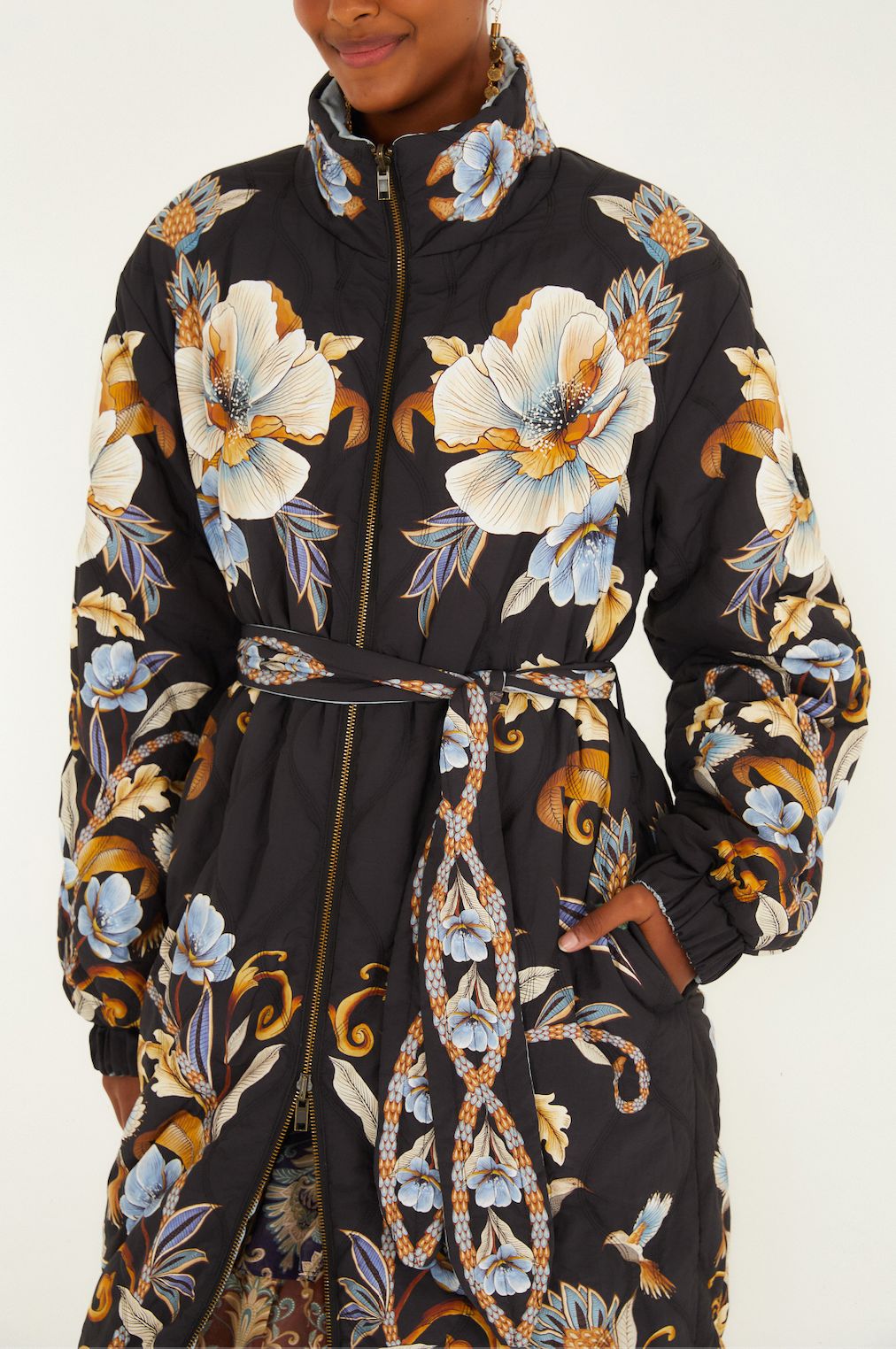 Black Flowerful Snake Garden Reversible Maxi Puffer Jacket