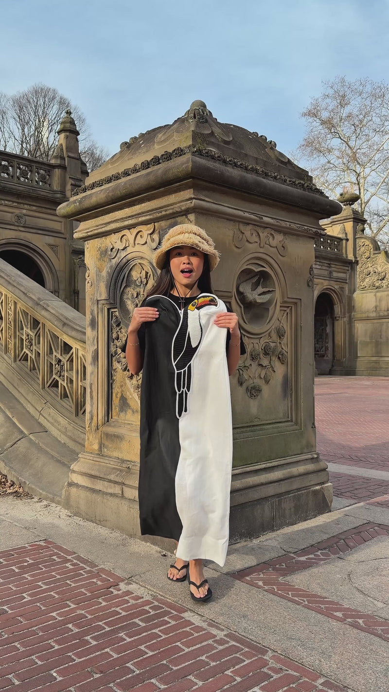 chinese dress ladies Black And White Embroidered Toucan Euroflax™ Premium Linen Sleeveless Maxi  Dress
