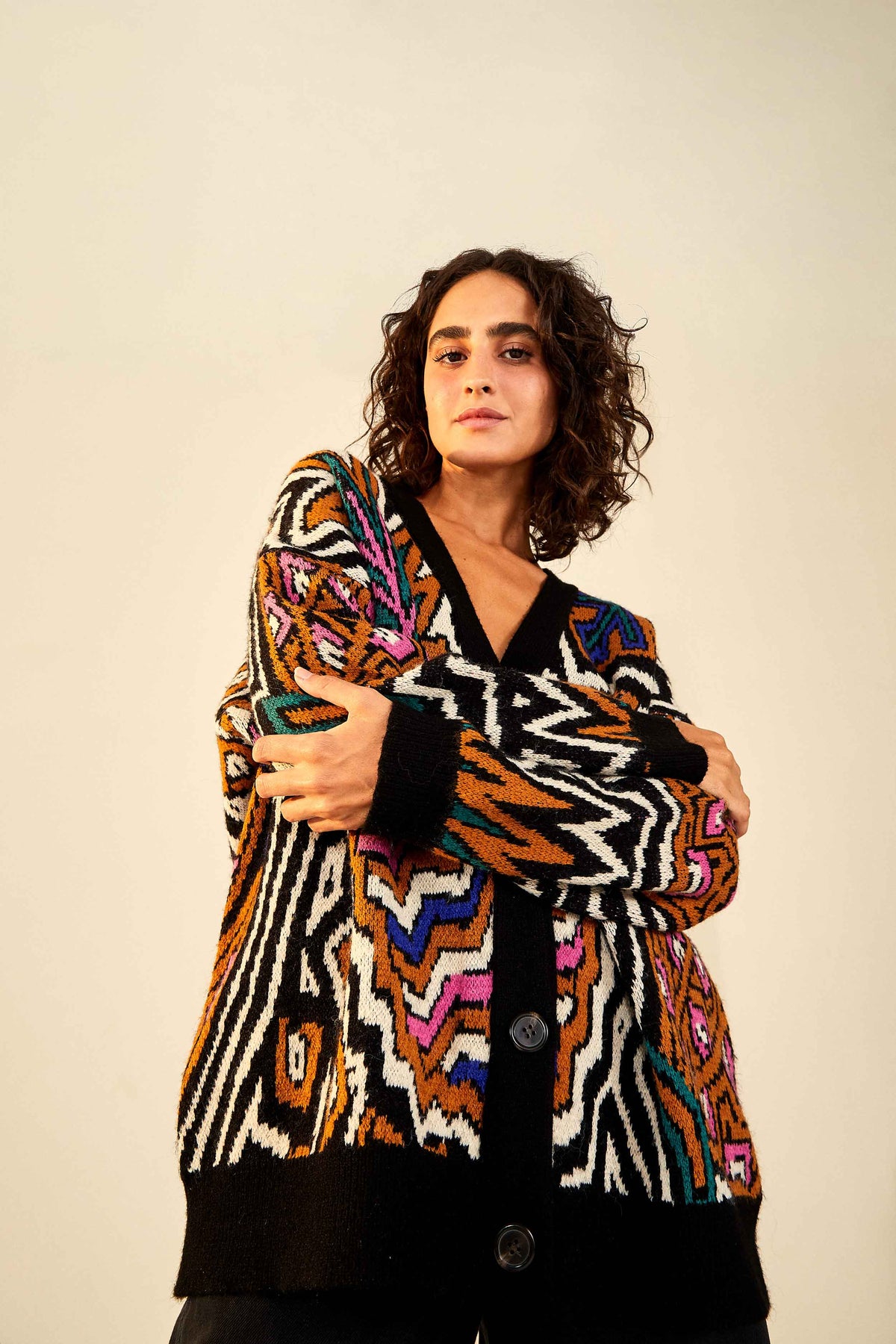 CARAMEL TROPICAL STRIPES CARDIGAN