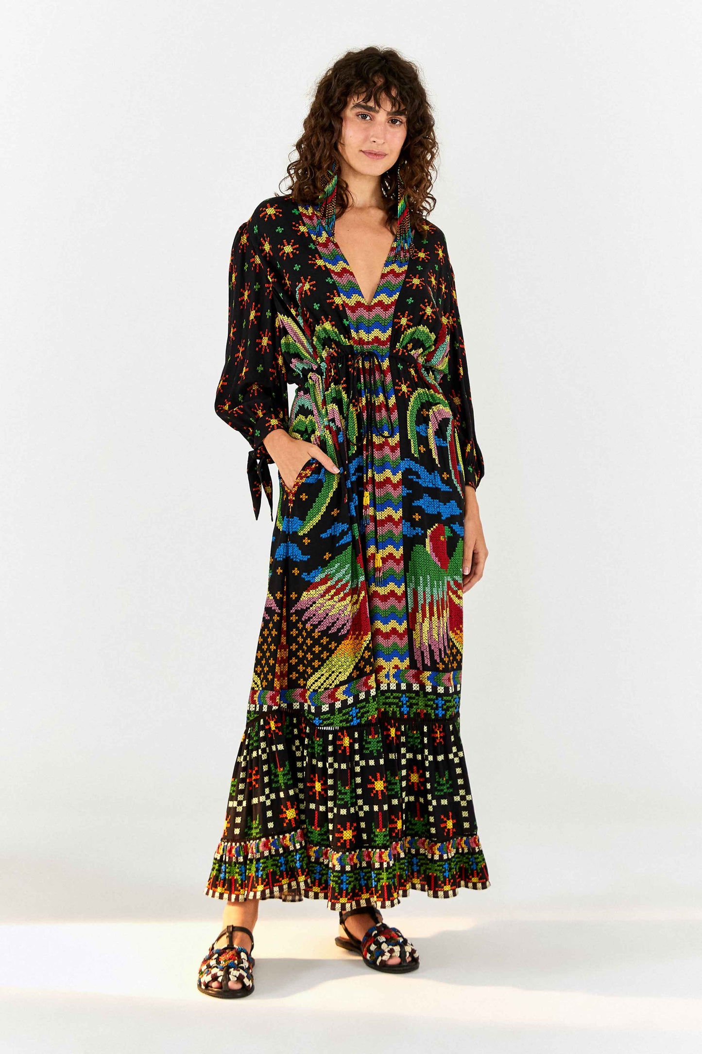 Black Macaw Night V Neck Maxi Dress