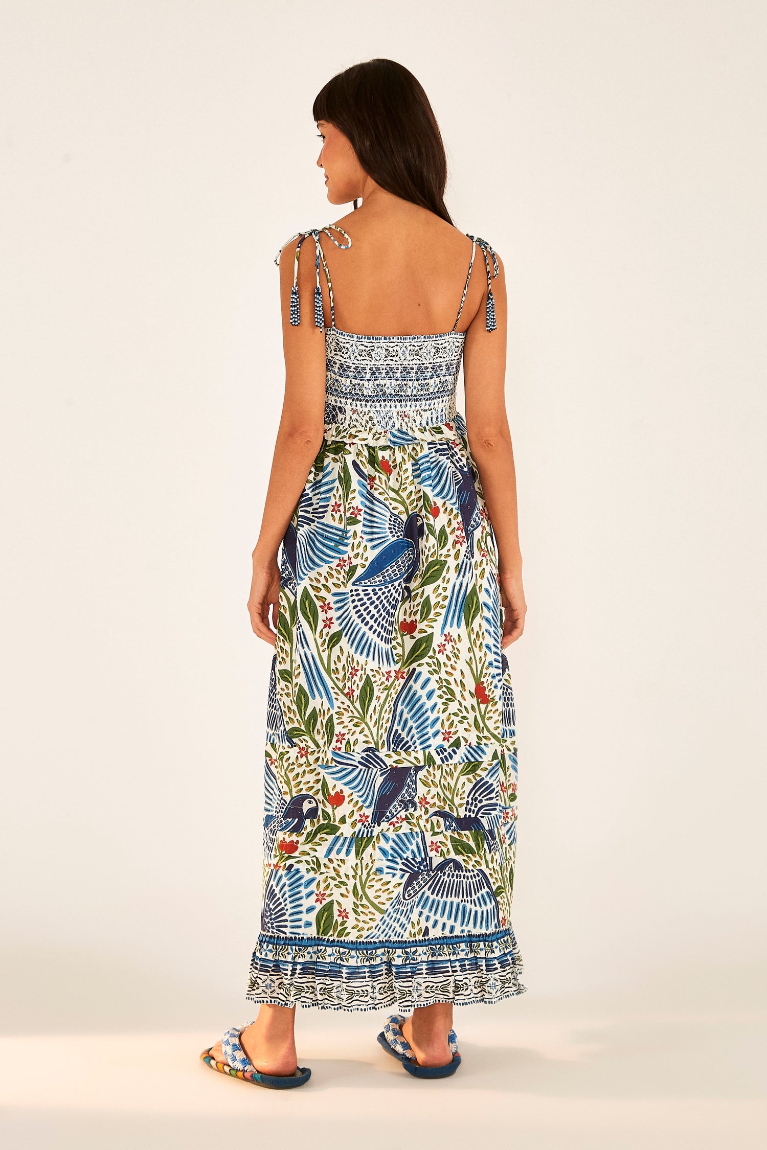 Off White Macaw Flight Smocked Maxi Dress