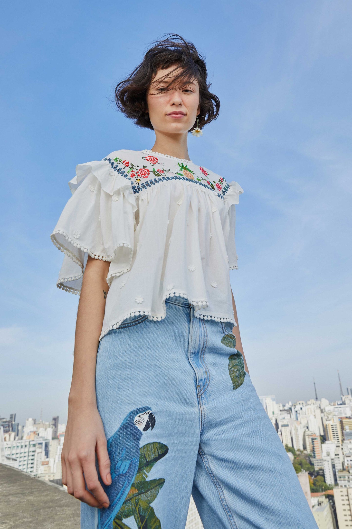 Off-White Cross Stitch Embroidered Blouse