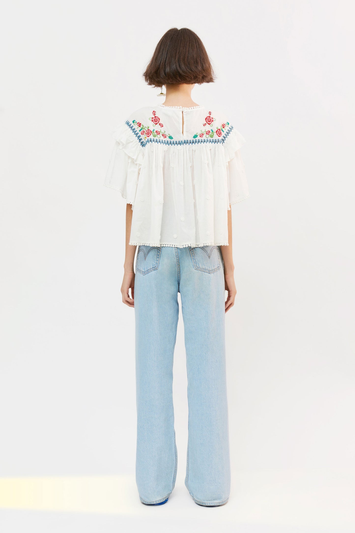 Off-White Cross Stitch Embroidered Blouse