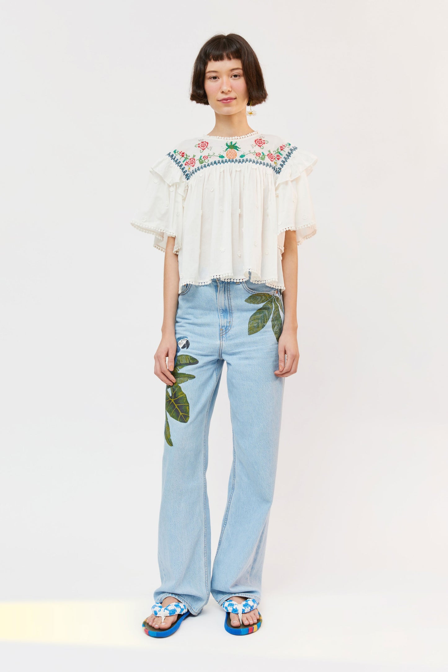 Off-White Cross Stitch Embroidered Blouse