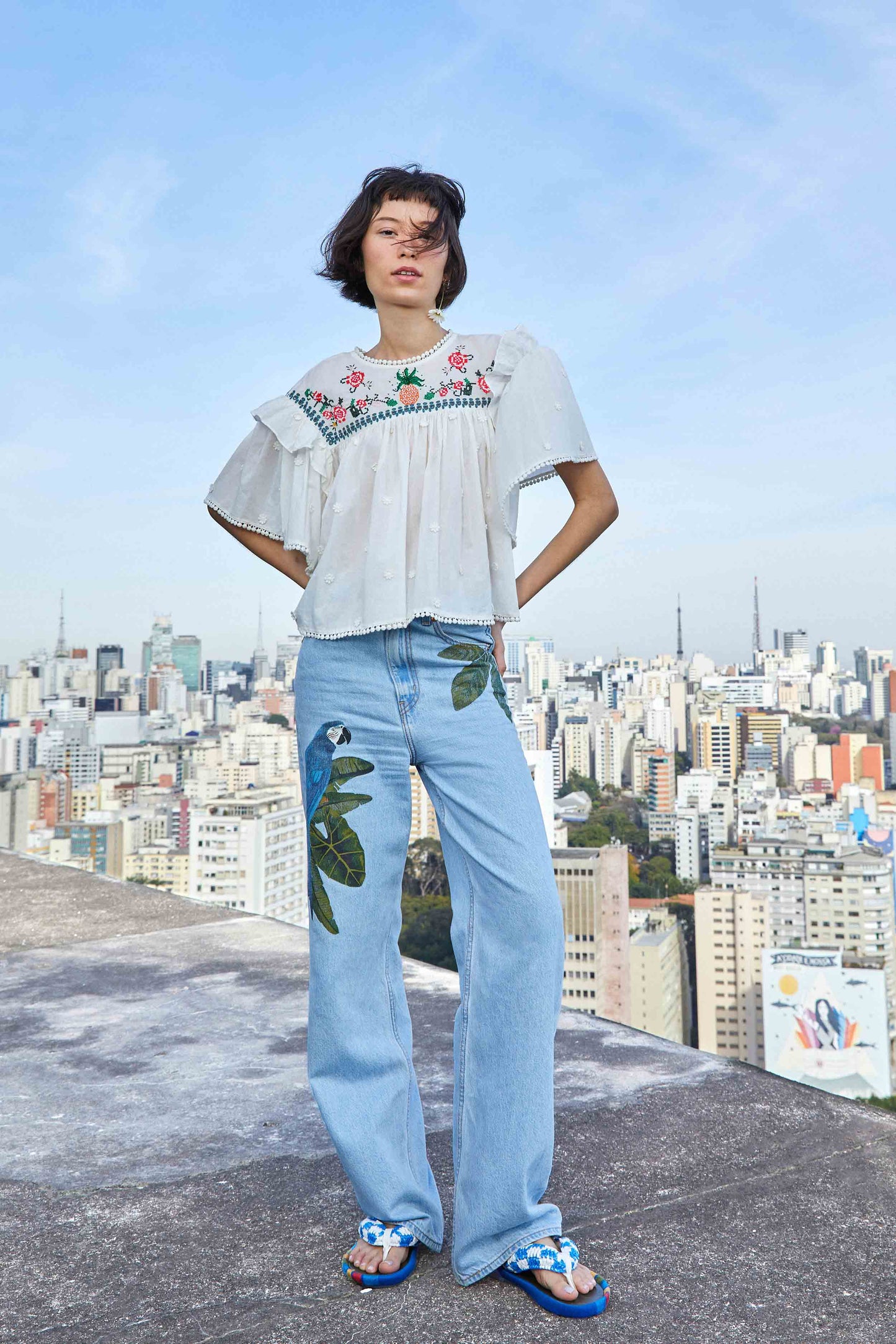 Off-White Cross Stitch Embroidered Blouse