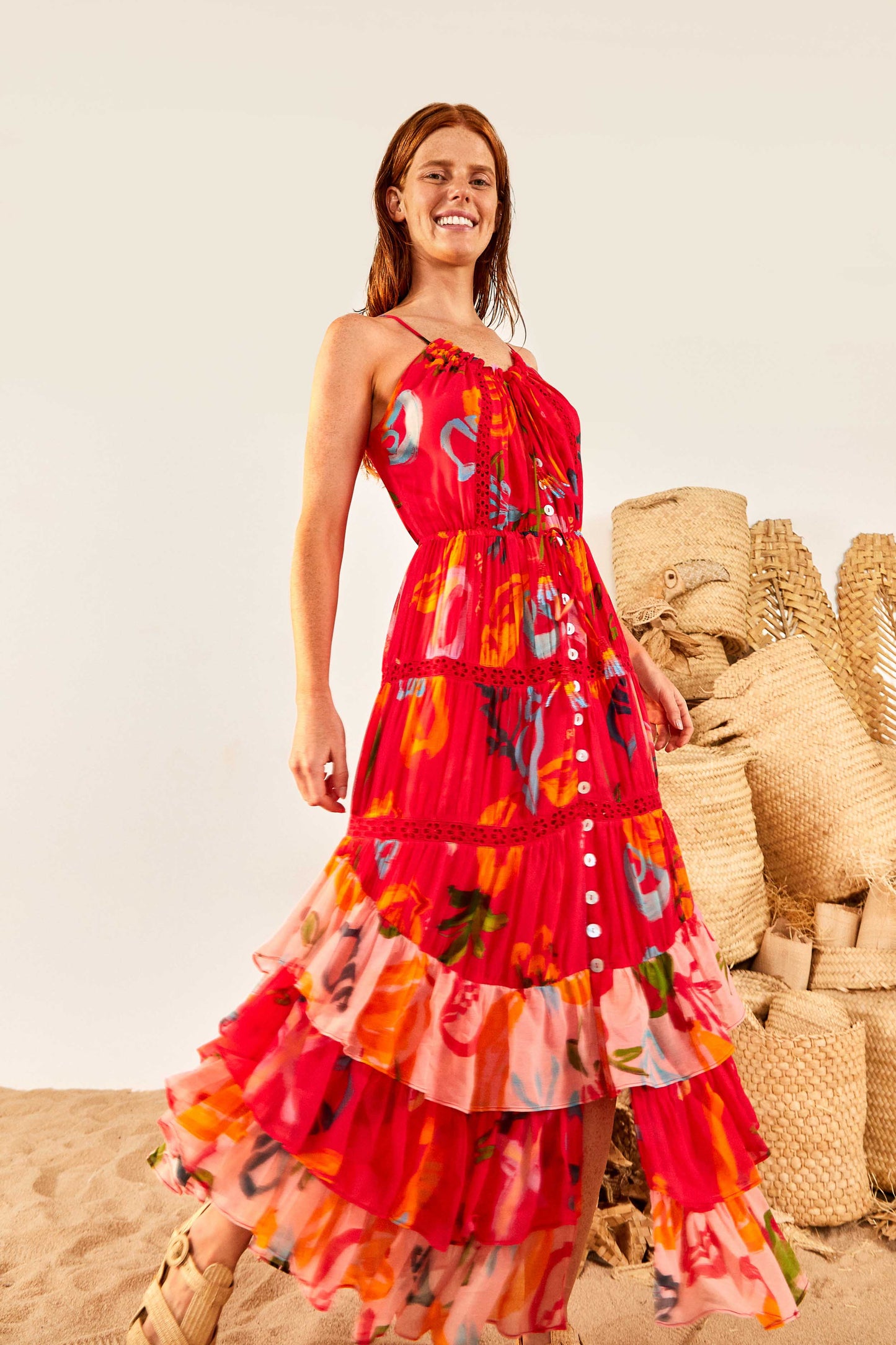 Red Mixed Fruits Ocean Maxi Dress