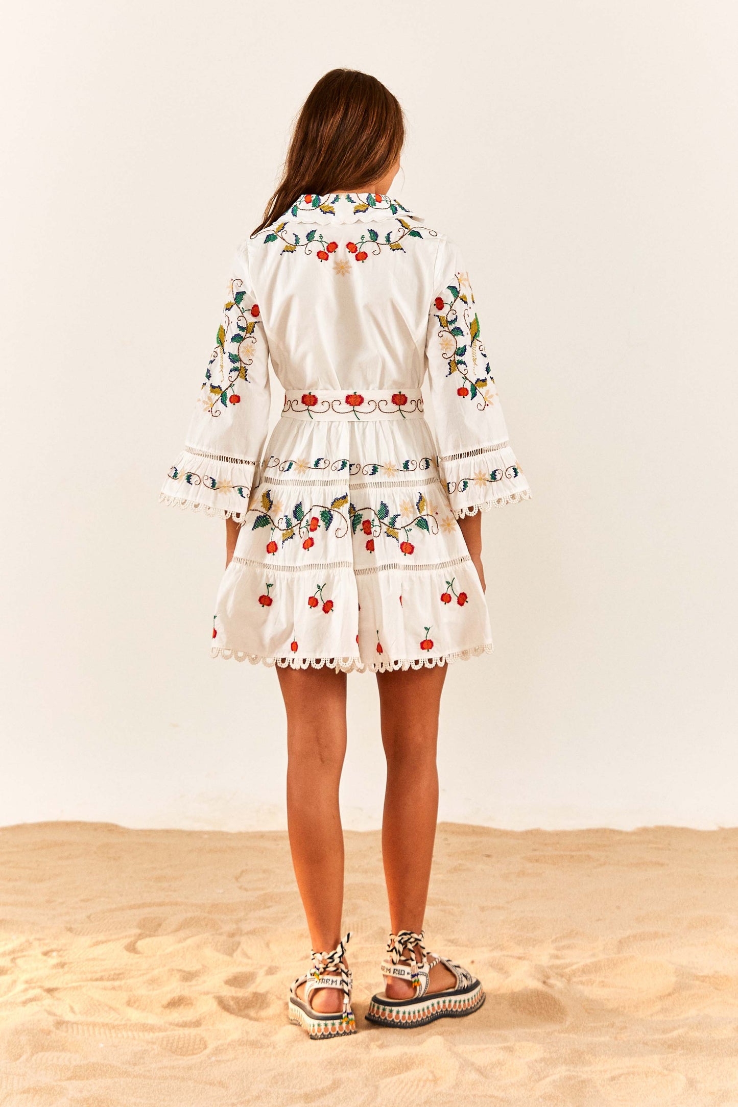 Pitanga Embroidered Belted Mini Dress