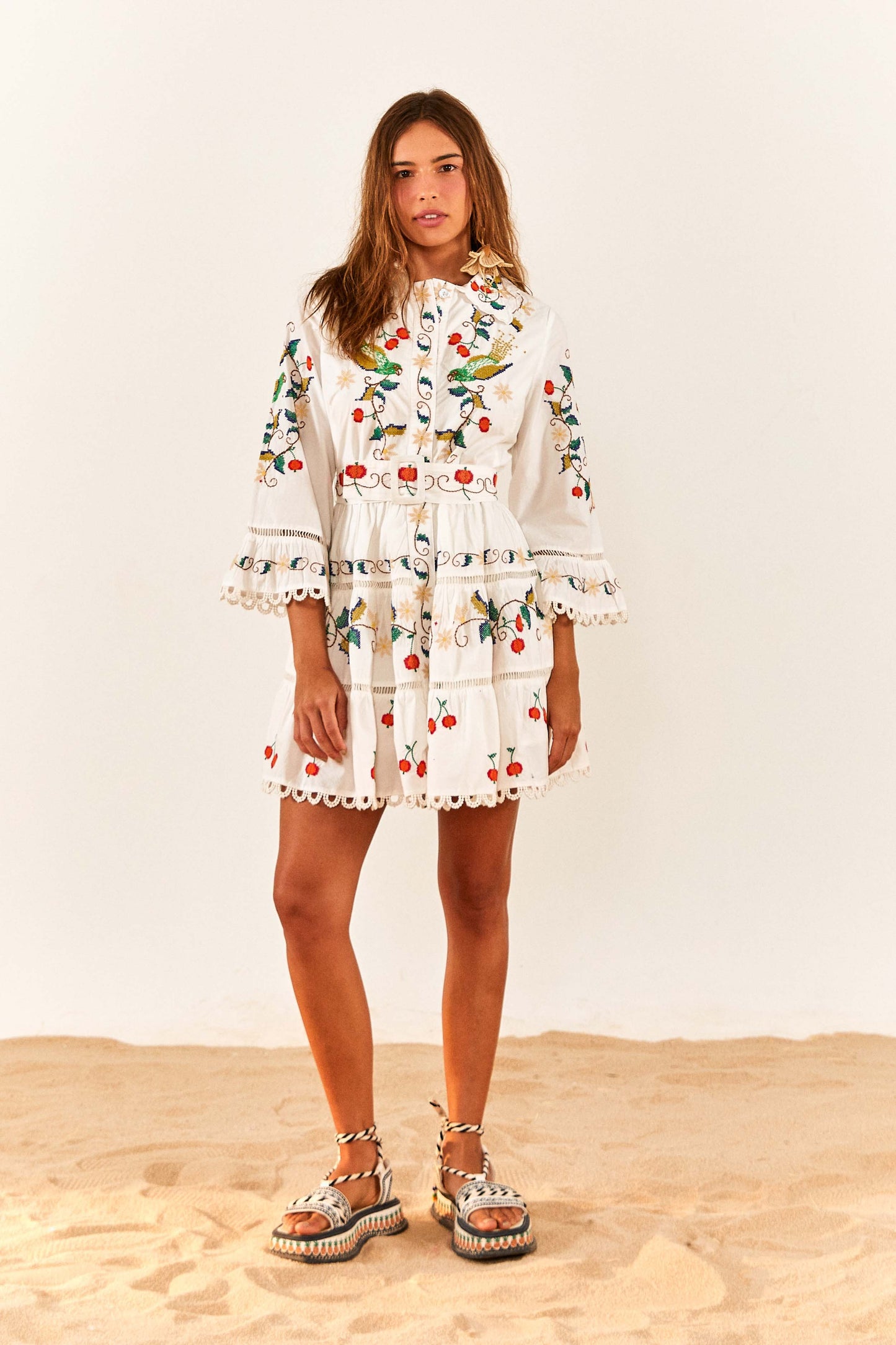 Pitanga Embroidered Belted Mini Dress