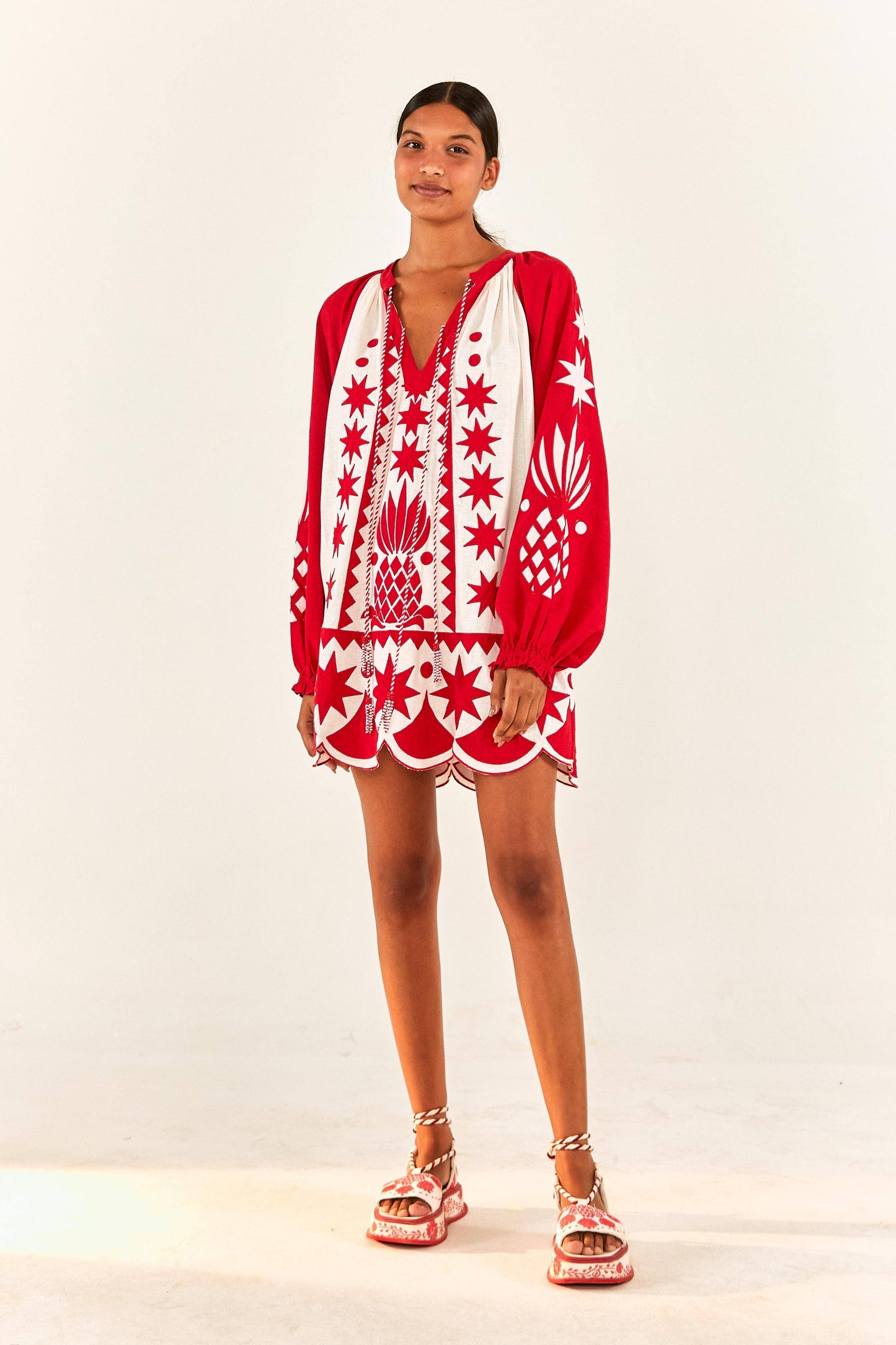 Red Tropical Cutwork Mini Dress