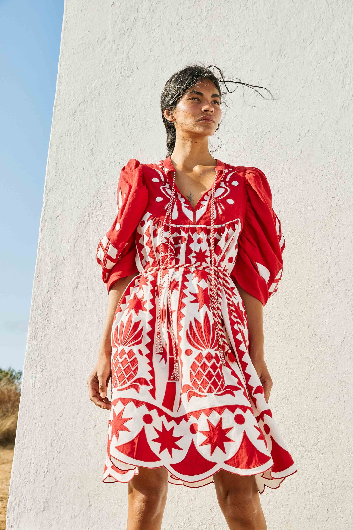 Red Tropical Cutwork Midi Dress