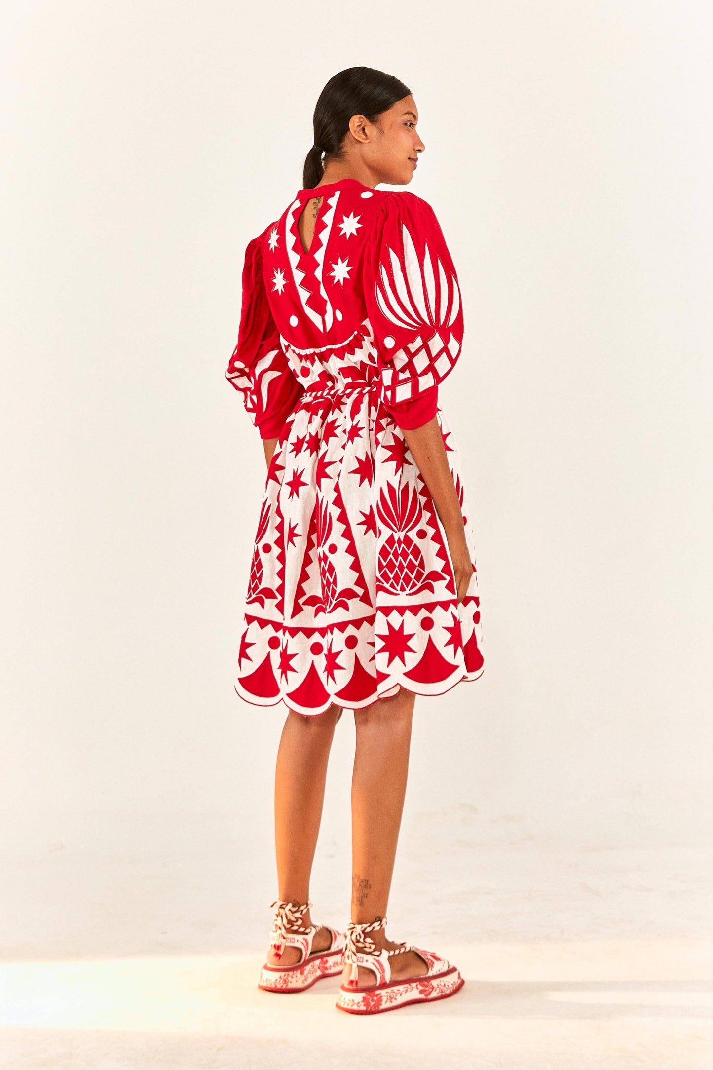 Red Tropical Cutwork Midi Dress