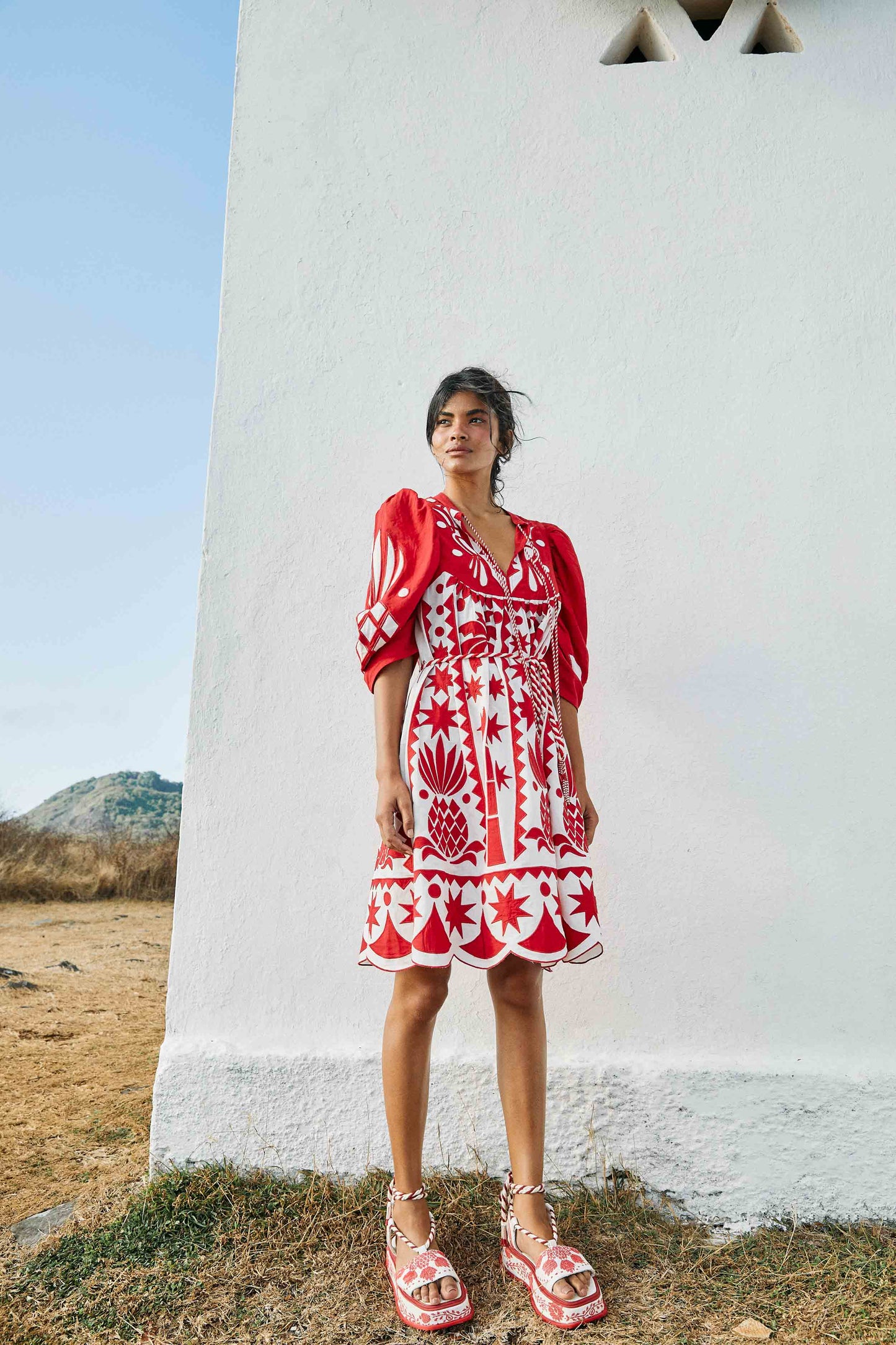 Red Tropical Cutwork Midi Dress