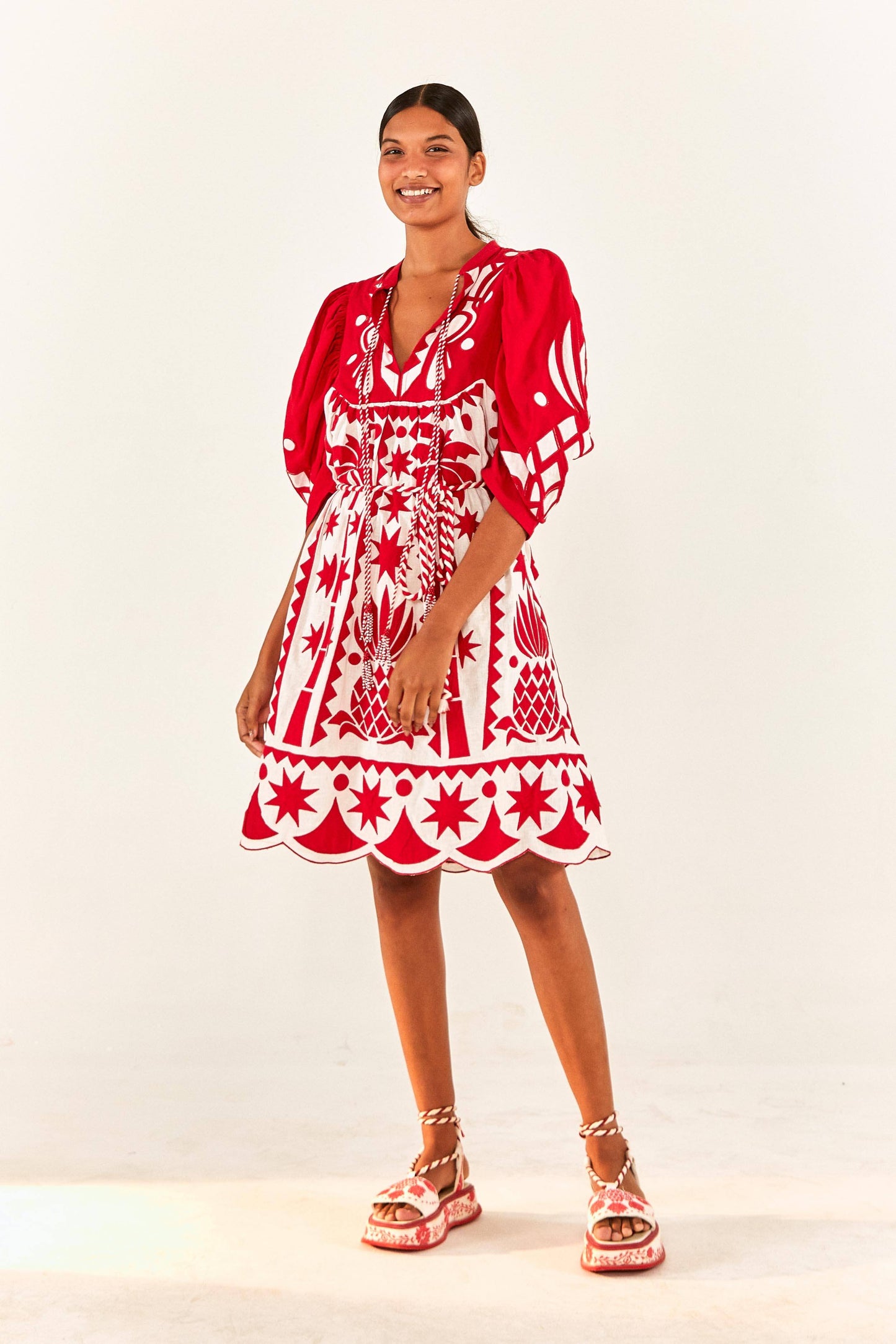 Red Tropical Cutwork Midi Dress