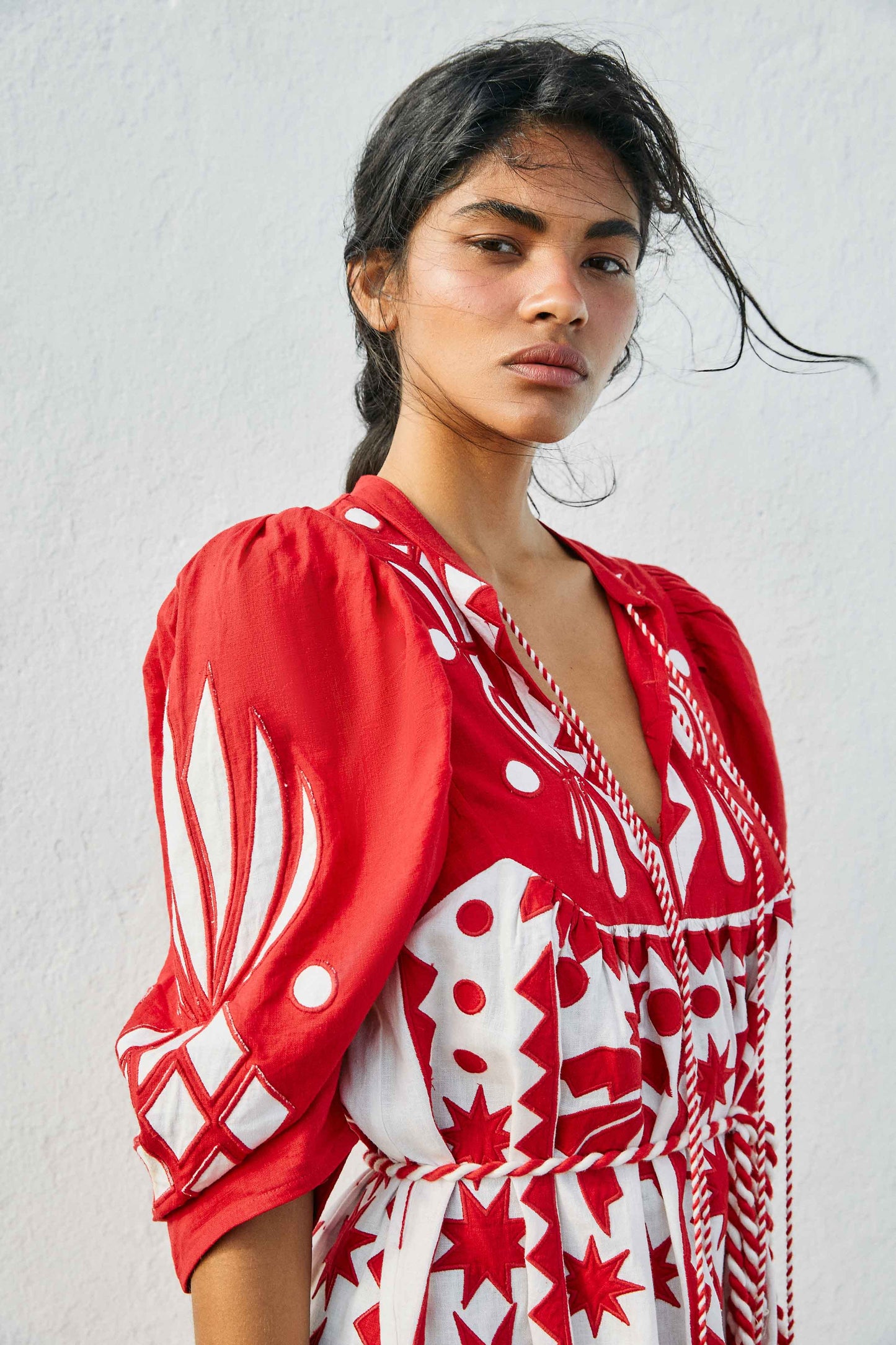 Red Tropical Cutwork Midi Dress