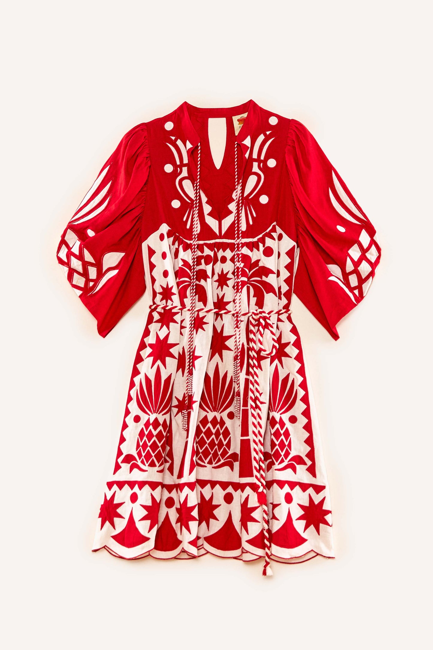 Red Tropical Cutwork Midi Dress