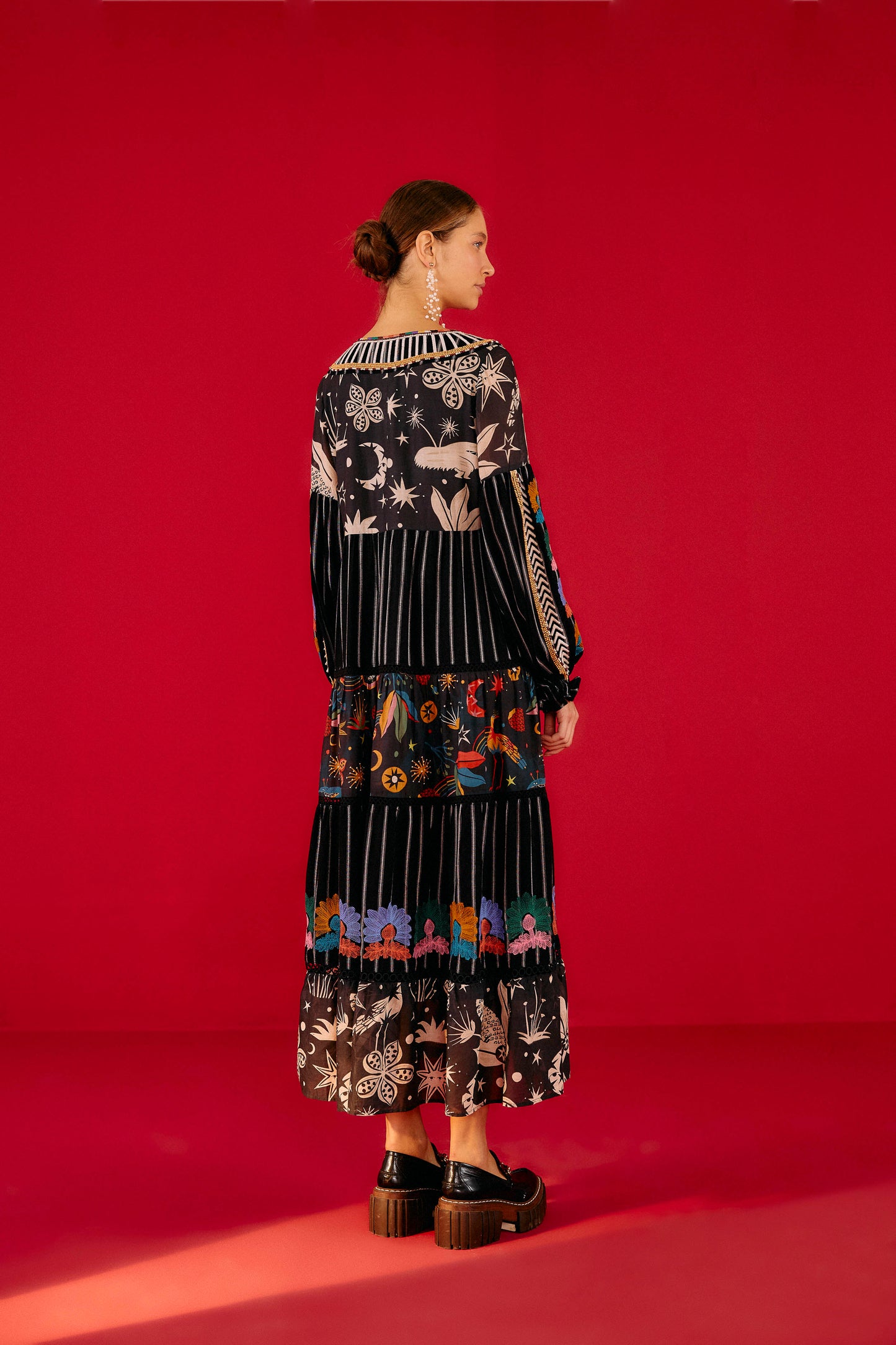 Black Mixed Prints Embroidered Maxi Dress